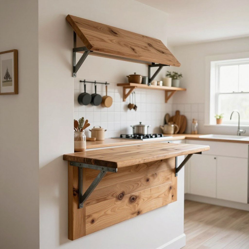 A compact farmhouse kitchen featuring a wall-mounted, fold-down kitchen island seamlessly integrated into a cozy space. In the foreground, the stylish island is shown folded up against the wall, displaying rustic wooden finishes, with metal brackets and a clean, minimalist design. The middle of the image reveals the kitchen, adorned with open shelves, hanging pots, and farmhouse-style decor, emphasizing a warm and inviting atmosphere. The background features soft natural lighting coming through a window, illuminating white cabinetry and a tiled backsplash, creating a bright and airy feel. The angle is slightly tilted up, capturing the functional beauty of small space solutions while maintaining a serene, organized setting, perfect for culinary creativity.