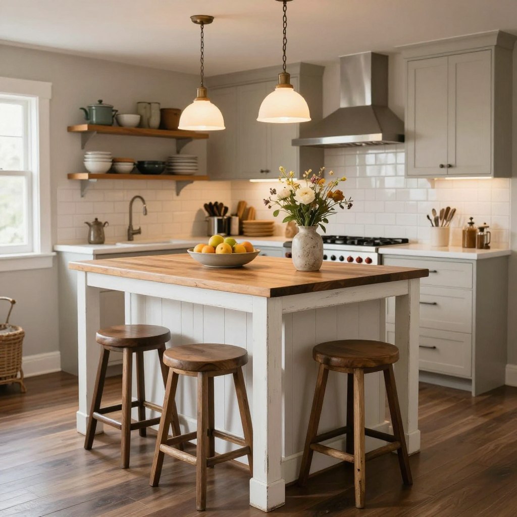 A compact farmhouse kitchen island designed for a narrow galley-style kitchen, featuring a distressed white wooden frame and a natural wood countertop, accented with vintage-style bar stools. In the foreground, the island is adorned with a simple fruit bowl and a rustic vase with wildflowers. The middle ground shows a sleek backsplash with subway tiles and hanging pendant lights casting a warm glow, creating an inviting atmosphere. In the background, light cabinetry and open shelves display neatly organized kitchenware, emphasizing a functional yet cozy space. The scene is illuminated with soft, natural light coming from a nearby window, enhancing the charm of the farmhouse aesthetic. Capture this interior from a slightly elevated angle to showcase the layout and flow of the kitchen.