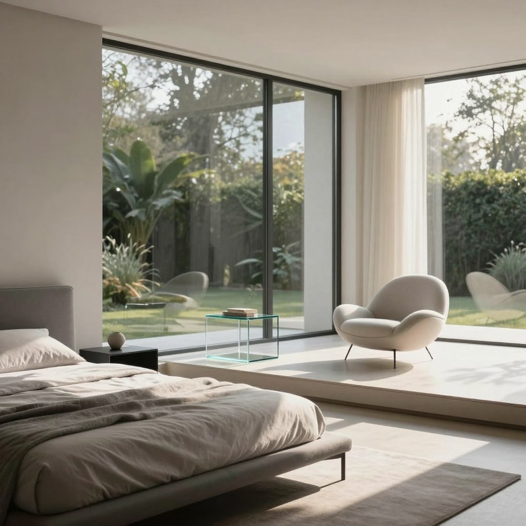 A contemporary bedroom design featuring extensive glass elements that enhance the sense of light and space. In the foreground, a sleek bed with a minimalist headboard sits adjacent to a large window, allowing natural light to fill the room. The middle layer showcases a modern glass nightstand and a chic accent chair, both reflecting a fusion of style and functionality. Soft, muted tones of gray and white dominate the color palette, creating a calm atmosphere. In the background, expansive glass walls blur the boundary between indoor and outdoor spaces, showcasing a serene garden view. The room is bathed in warm sunlight, highlighting the textures of the furnishings and providing a sense of openness. The overall mood is serene and inviting, emphasizing a sleek and airy aesthetic, perfect for a modern lifestyle.