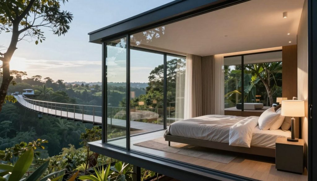 A contemporary glass bedroom suspended on a sleek bridge, elegantly designed with floor-to-ceiling glass walls that provide panoramic views of a lush landscape. The bedroom features minimalist furniture, including a low-profile bed with soft, neutral linens and a modern bedside table. Soft, ambient lighting illuminates the space, creating a warm, inviting atmosphere. In the background, the bridge seamlessly connects to a nearby natural environment, with sunlight filtering through the trees, casting gentle shadows. A clear blue sky enhances the brightness within the room, giving it an airy, open feel. The angle showcases the seamless transition between indoor and outdoor spaces, emphasizing the innovative design of this suspended glass bridge bedroom.