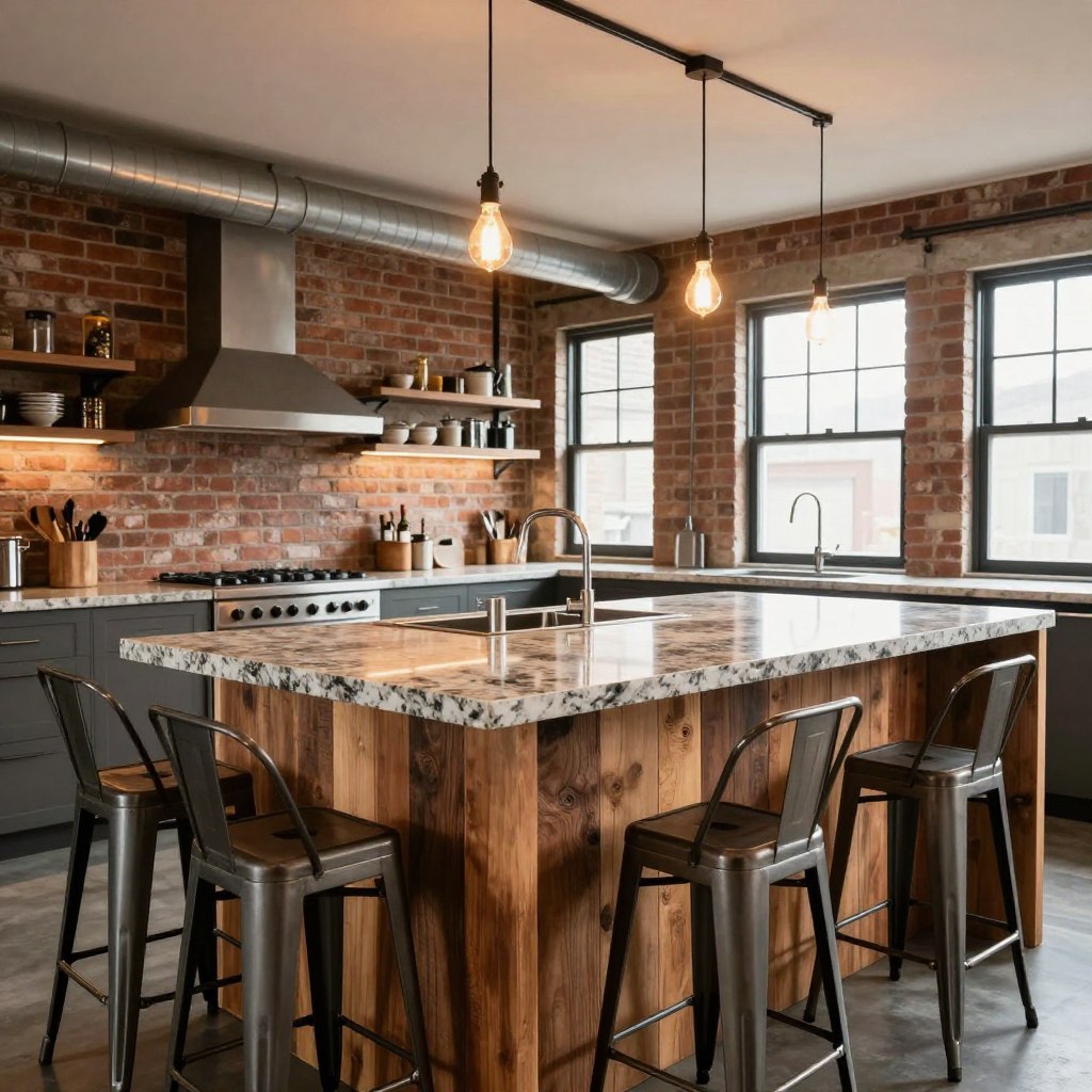 A contemporary kitchen featuring an industrial chic workstation with a large, striking island made of reclaimed wood and granite. The foreground showcases a sleek island with a polished granite countertop, complemented by sturdy metal bar stools. In the middle ground, an open kitchen layout reveals exposed brick walls, metal pipes, and hanging Edison bulbs casting warm, inviting light. The background highlights large windows allowing natural light to filter through, emphasizing the airy space. The mood is a blend of modernity and rustic charm, offering an inviting atmosphere for culinary creativity. Shot from a slightly elevated angle to capture the depth and texture of materials, focusing on clean lines and industrial elements without any human subjects. A contemporary kitchen featuring an industrial chic workstation with a large, striking island made of reclaimed wood and granite. The foreground showcases a sleek island with a polished granite countertop, complemented by sturdy metal bar stools. In the middle ground, an open kitchen layout reveals exposed brick walls, metal pipes, and hanging Edison bulbs casting warm, inviting light. The background highlights large windows allowing natural light to filter through, emphasizing the airy space. The mood is a blend of modernity and rustic charm, offering an inviting atmosphere for culinary creativity. Shot from a slightly elevated angle to capture the depth and texture of materials, focusing on clean lines and industrial elements without any human subjects.