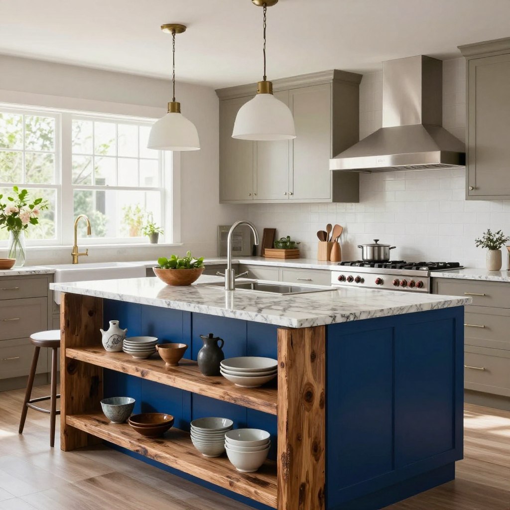 A contemporary kitchen with a striking contrast-color statement kitchen island at its center. The island showcases a vivid deep blue base with a polished white granite countertop, and it’s surrounded by stylish bar stools. In the foreground, the island features rustic reclaimed wood open shelving, displaying curated kitchenware. The middle ground includes sleek cabinetry in warm neutrals and stainless steel appliances, providing balance to the vibrant island. Natural light streams in from large windows, highlighting the textures and colors, creating a bright, welcoming atmosphere. The background has subtle greenery peeking through the window, adding a touch of natural beauty, while a modern, elegant pendant light hangs above the island, casting a soft glow. The overall mood is sophisticated yet inviting, perfect for culinary gatherings. A contemporary kitchen with a striking contrast-color statement kitchen island at its center. The island showcases a vivid deep blue base with a polished white granite countertop, and it’s surrounded by stylish bar stools. In the foreground, the island features rustic reclaimed wood open shelving, displaying curated kitchenware. The middle ground includes sleek cabinetry in warm neutrals and stainless steel appliances, providing balance to the vibrant island. Natural light streams in from large windows, highlighting the textures and colors, creating a bright, welcoming atmosphere. The background has subtle greenery peeking through the window, adding a touch of natural beauty, while a modern, elegant pendant light hangs above the island, casting a soft glow. The overall mood is sophisticated yet inviting, perfect for culinary gatherings.
