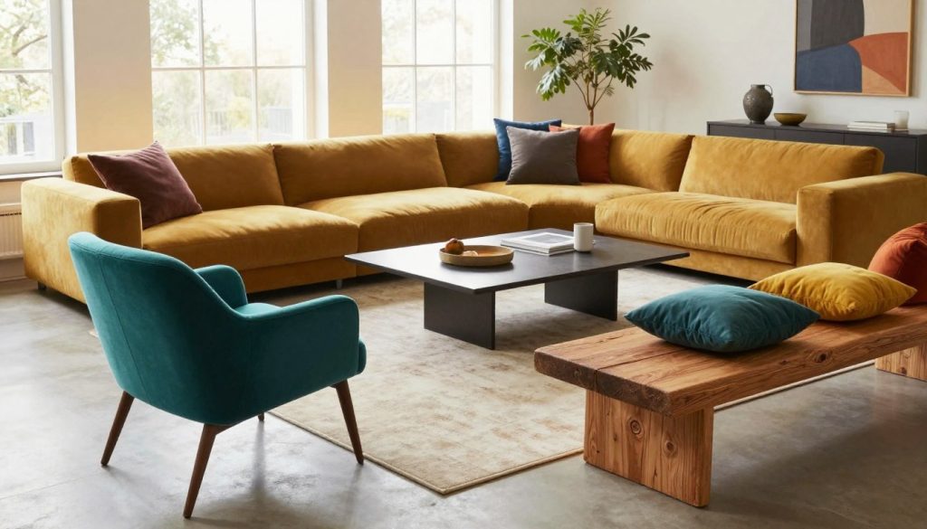 A contemporary living room featuring a creative mix of seating styles, emphasizing color theory to create unity. In the foreground, showcase a sleek mid-century modern chair in vibrant teal next to a rustic wooden bench adorned with colorful cushions. The middle ground presents a plush, oversized sectional couch in a warm mustard hue, complemented by a chic, modern coffee table. In the background, large windows allow natural light to flood the space, enhancing the rich textures and colors. Soft shadows add depth and warmth, creating an inviting atmosphere. Use a wide-angle lens to capture the full scene, ensuring the arrangement feels balanced and visually harmonious. The overall mood is lively yet sophisticated, showcasing innovative design choices that blend various aesthetics seamlessly.