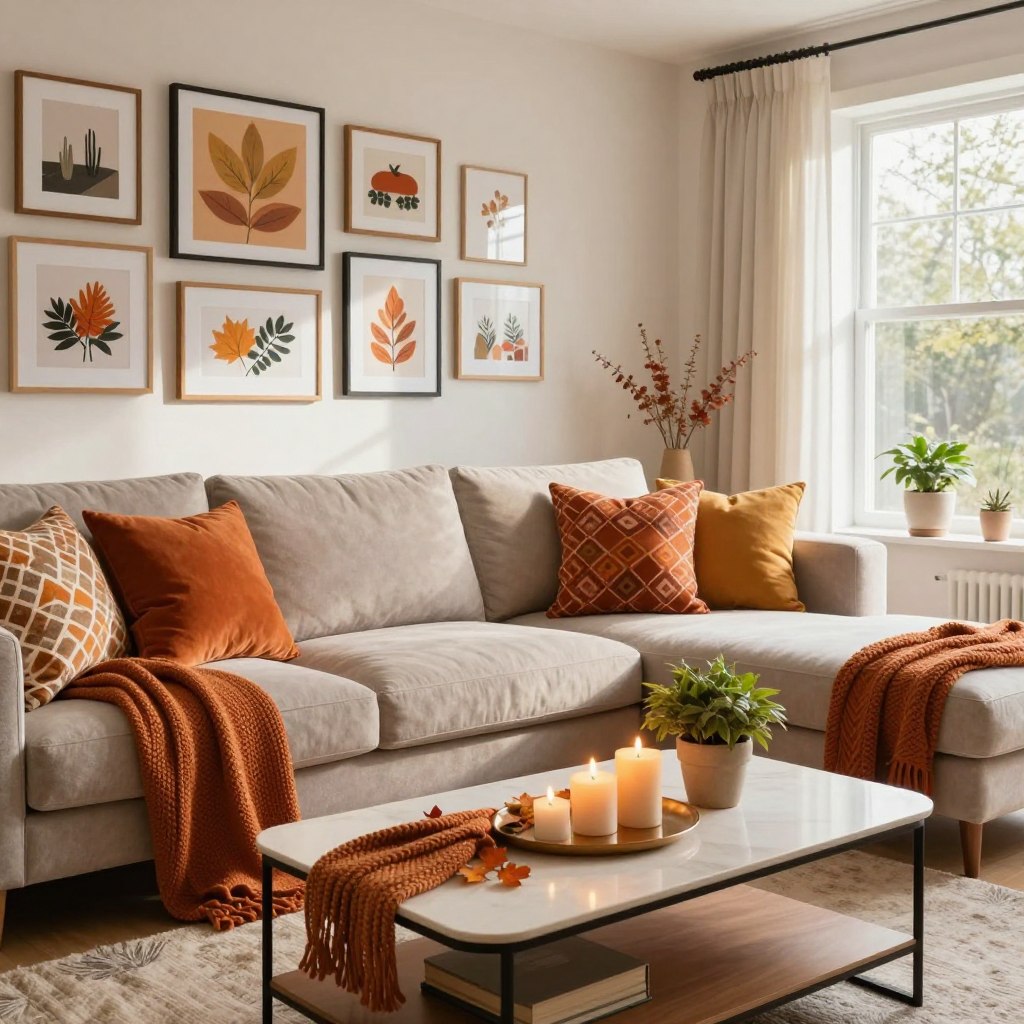 A contemporary living room showcasing seasonal home decor trends for 2026. In the foreground, a stylish coffee table adorned with seasonal decorations, including warm-toned candles, a small potted plant, and a cozy knitted throw. The middle of the room features a plush lounge sofa with vibrant, patterned cushions, emphasizing autumn hues. A tasteful gallery wall filled with framed seasonal art pieces provides visual interest. In the background, a window reveals a sunny day, with soft natural light spilling into the space, accentuating the room's inviting atmosphere. The scene conveys a sense of comfort and modern elegance, framed in a warm, inviting color palette. The overall mood is cheerful and welcoming, ideal for celebrating the changing seasons.