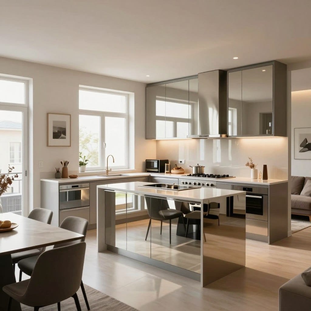 A contemporary open plan kitchen and living room designed for small spaces, featuring cleverly integrated reflective surfaces like glossy cabinetry and a modern island with a mirrored finish. In the foreground, a stylish dining area with sleek furniture, enhancing the spacious feel. The middle of the image showcases an elegant kitchen layout with stainless steel appliances and ample natural light streaming in through large, unobstructed windows. The background reveals a cozy living area with light-colored walls and minimalist decor. Soft, ambient lighting casts gentle reflections, creating a warm and inviting atmosphere. The scene is captured from a slightly elevated angle, emphasizing the flow between the kitchen and living room while maintaining a seamless aesthetic.