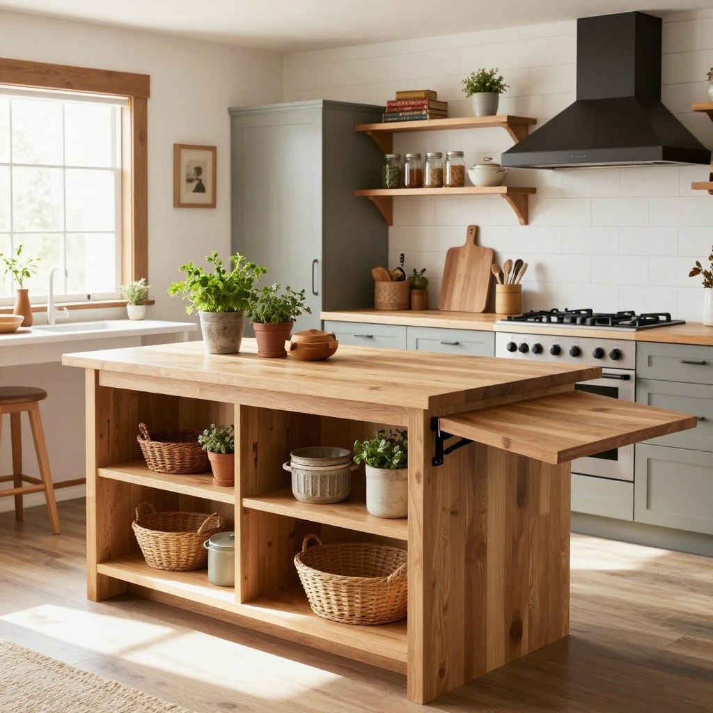 A contemporary, space-saving kitchen island designed for small farmhouse kitchens. In the foreground, showcase a sleek, multi-functional island with a light oak finish, featuring built-in shelves and a drop-leaf extension. On the countertop, display fresh herbs in rustic containers and small kitchen gadgets. The middle ground reveals a charming, compact kitchen packed with essential storage solutions, such as open shelving with mason jars and vintage cookbooks. The background features a cozy, well-lit room with warm, natural light streaming through a nearby window, highlighting the white shiplap walls and dark wood accents. The atmosphere should feel inviting and practical, with an emphasis on clever organization and efficient use of space. Capture the image from a slightly elevated angle to provide a comprehensive view of the kitchen's layout.
