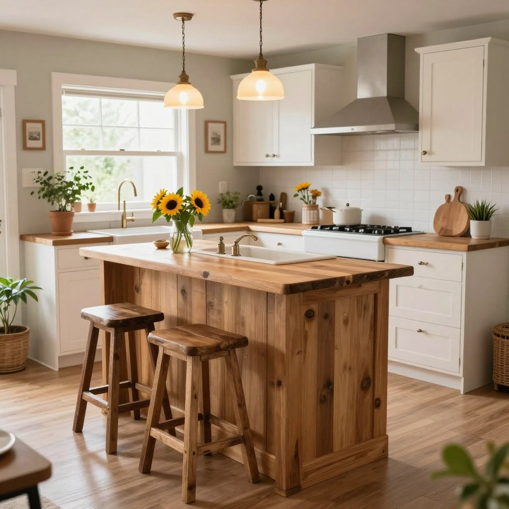 A cozy and inviting mini farmhouse kitchen island designed for small spaces, featuring a weathered wood finish and a charming farmhouse sink integrated into the island. In the foreground, a set of rustic bar stools style complement the island, while fresh herbs and a small vase of sunflowers adorn the surface. The middle ground showcases an open kitchen layout with soft white cabinetry and vintage-style fixtures, illuminated by warm pendant lights. In the background, a window allows natural light to fill the scene, surrounded by soft greenery outside. The atmosphere conveys warmth and a sense of practicality, perfect for compact living, captured from a slightly elevated angle to emphasize the layout and functionality of the space.