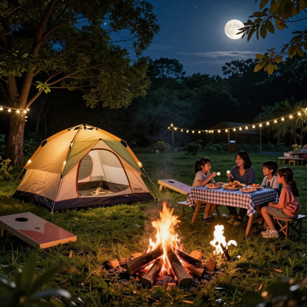 A cozy backyard camping destination, featuring a strategically placed, colorful tent surrounded by soft grass and twinkling fairy lights. In the foreground, a crackling campfire with a few rustic wooden logs as seating for family members in modest casual clothing, enjoying toasted marshmallows. In the middle, a picnic table adorned with a checkered tablecloth, plates of snacks, and outdoor games like cornhole. The background reveals lush greenery, tall trees casting gentle shadows, and a night sky filled with stars, illuminated by a warm moonlight that creates an inviting atmosphere. Capture the scene from a slightly elevated angle, evoking a sense of warmth, community, and adventure, with soft lighting to enhance the magical feel of a backyard escape.