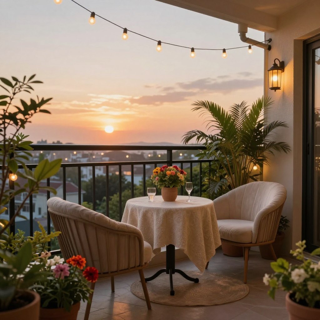 A cozy balcony adorned with stylish decor elements, featuring a small round table set with a soft, textured tablecloth and two comfortable, plush chairs. In the foreground, there are potted plants including vibrant flowers and lush greenery, adding a touch of nature. The middle ground reveals string lights gently twinkling overhead, enhancing a warm and inviting atmosphere. The backdrop showcases a beautiful sunset casting soft golden hues across the sky, creating a serene ambiance. Use a wide-angle lens to capture the entire scene, emphasizing the balance between comfort and chicness. The lighting should be warm and inviting, perfect for an evening retreat, evoking a sense of tranquility and relaxation. No people are present, ensuring a focus on the decor.
