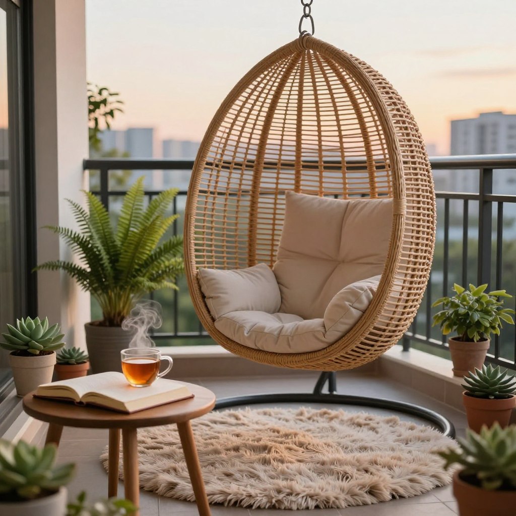 A cozy balcony reading nook featuring a stylish hanging chair made of natural wicker, perfectly suspended for relaxation. Surround the chair with potted plants like ferns and succulents, adding a touch of greenery. In the foreground, place a small wooden side table holding an open book and a steaming cup of tea. The middle includes a soft, plush rug to add warmth and texture. In the background, show a hint of a city skyline at sunset, bathing the scene in soft, warm lighting. Capture the atmosphere of tranquility and comfort, emphasizing a modern aesthetic with clean lines and soothing colors. Use a soft focus lens to enhance the inviting ambiance, showcasing a perfect retreat for book lovers.