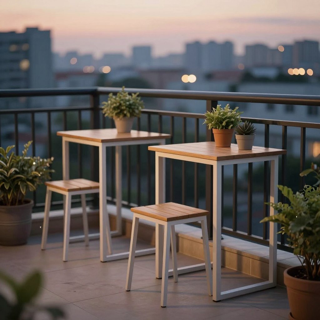 A cozy balcony scene featuring slim railing tables designed for small spaces. In the foreground, showcase two elegant, minimalist railing tables made of lightweight wood and metal, with clean lines and a natural finish. The middle ground includes decorative potted plants on the tables, adding a pop of greenery. In the background, the soft silhouette of an urban skyline at dusk is visible, with gentle bokeh lights creating a relaxed ambiance. Utilize warm, soft lighting to evoke a peaceful evening atmosphere, with a slight lens flare to enhance the dreamy feel. Capture this scene from a slightly elevated angle to highlight the furniture while emphasizing its space-saving design, ensuring the composition is inviting and inspiring.