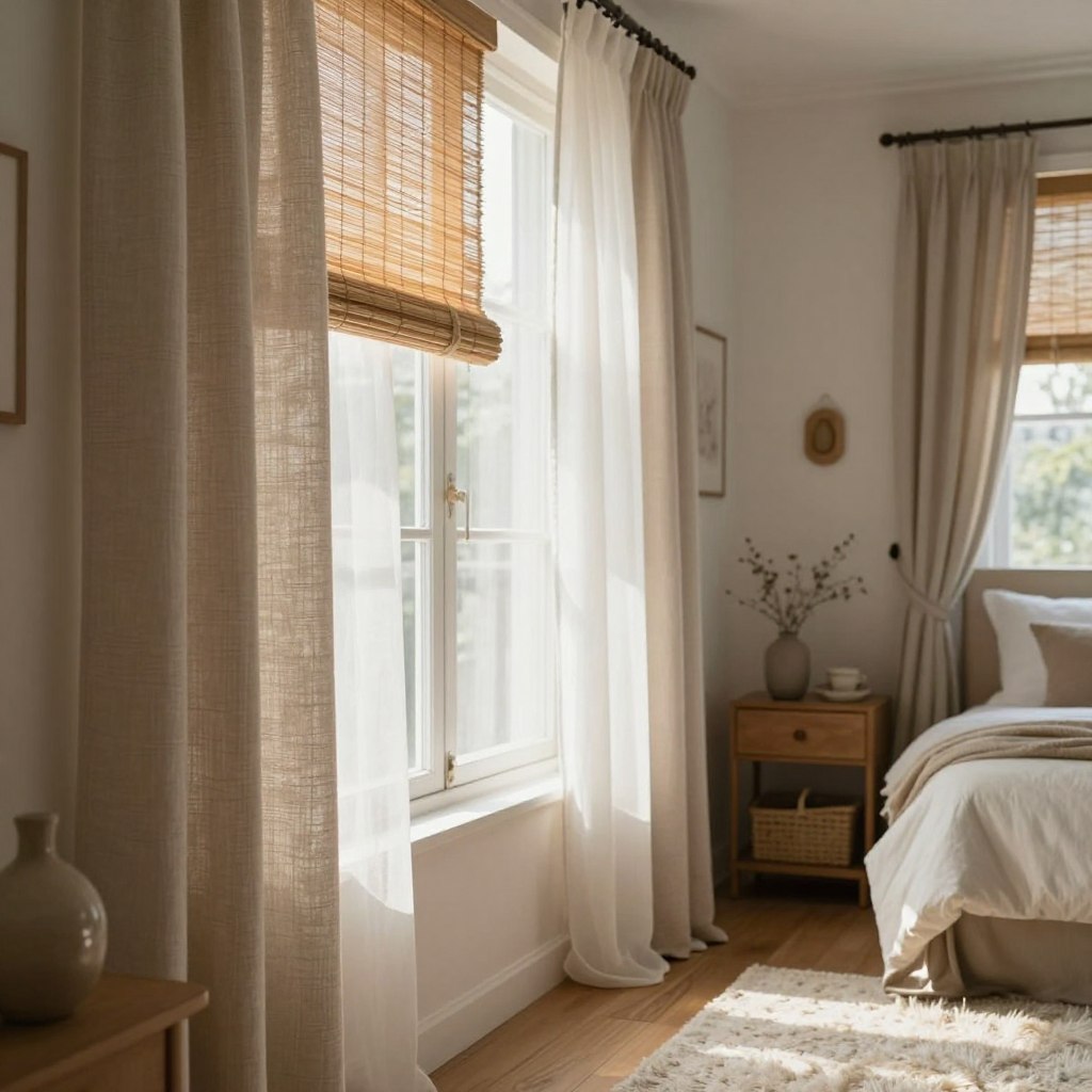 A cozy bedroom featuring diverse DIY window treatments that provide budget-friendly privacy solutions. In the foreground, showcase an elegant window adorned with a mixture of stylish yet affordable options, such as bamboo shades, homemade fabric curtains in soft neutral tones, and a sheer panel for added light. The middle ground should include a bedside table with decorative elements, and a plush rug adding warmth to the space. In the background, capture a softly lit ambiance with natural light filtering through the windows, casting gentle shadows. The setting should evoke a serene, inviting atmosphere, emphasizing creativity and resourcefulness in interior decor. Use soft focus to create a dreamy effect, with the lens angled slightly upward to highlight the window treatments.