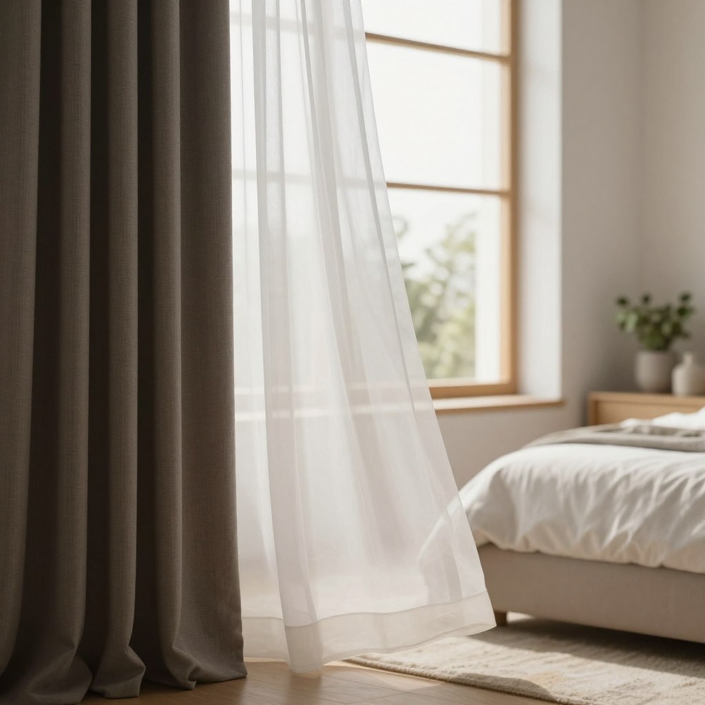 A cozy bedroom scene featuring layered window treatments designed for privacy. In the foreground, a stylishly arranged pair of sheer white curtains gently flowing with the breeze, complemented by a deeper-toned blackout curtain drawn slightly apart to showcase the layered effect. In the middle, a sleek wooden window frame with modern, minimalist design, allowing soft, diffused natural light to illuminate the room without sacrificing privacy. The background includes softly blurred decorative elements like potted plants and a plush bed, enhancing the serene atmosphere. The image should evoke tranquility, combining warm, inviting tones with a contemporary aesthetic. Capture the scene with a soft focus lens effect, emphasizing the textures of the fabrics and the harmony of the décor, all under gentle afternoon light.