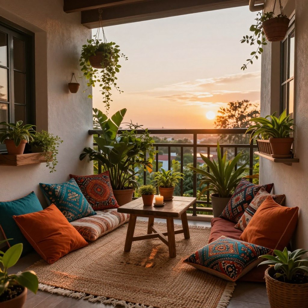 A cozy bohemian balcony retreat, showcasing layered textiles in warm earth tones like burnt orange and deep turquoise. The foreground features a plush, woven rug, surrounded by an assortment of throw pillows with intricate patterns. In the middle, a small wooden table is decorated with a few potted plants and a candle, evoking a relaxed vibe. Lush green plants cascade from hanging baskets and window boxes, adding life and depth. The background reveals a softly illuminated sunset sky, casting a warm golden light across the scene. The angle captures the balcony from a slightly elevated perspective, emphasizing the inviting atmosphere, perfect for unwinding. The overall mood is serene and inviting, ideal for relaxation and contemplation.
