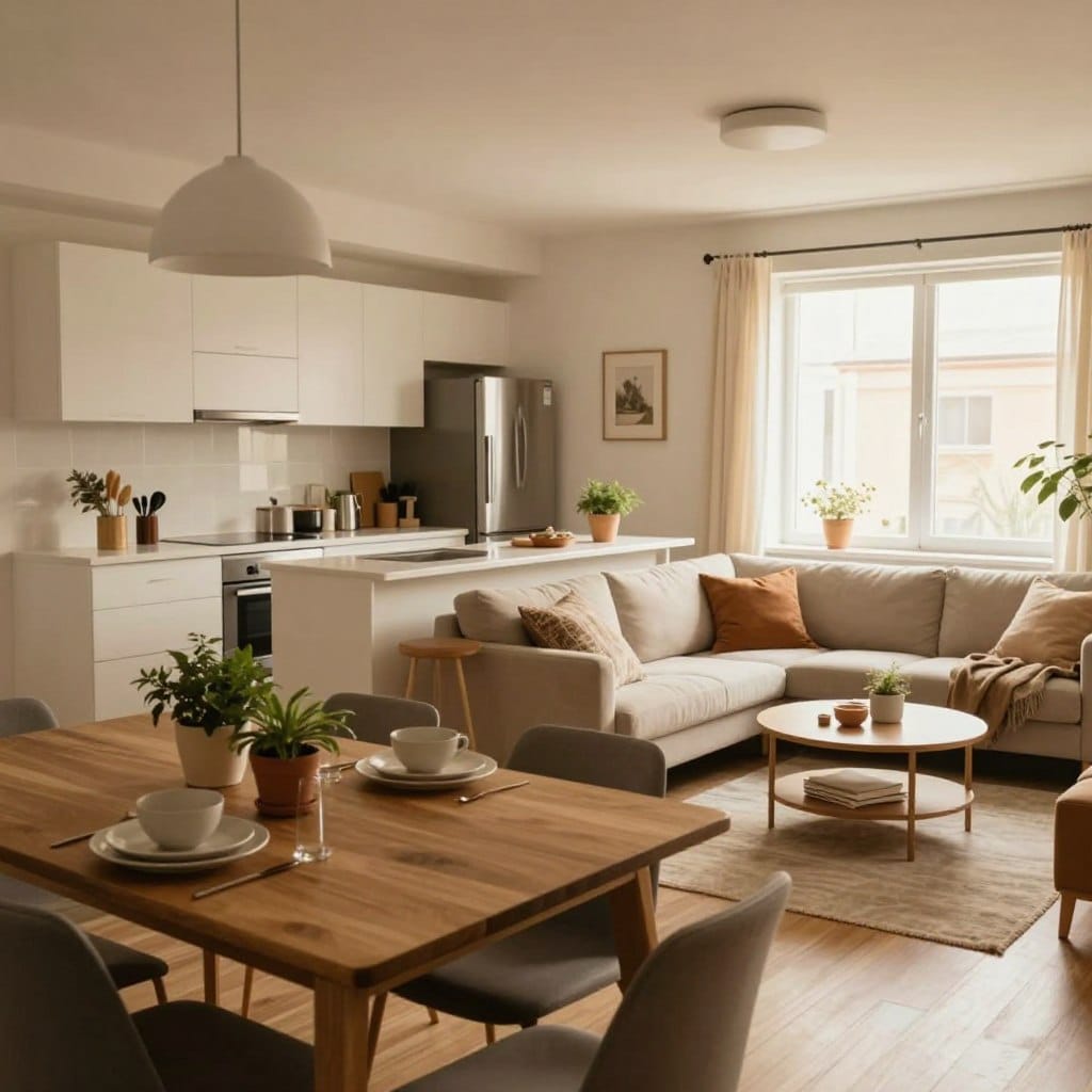 A cozy, budget-friendly open concept kitchen and living room layout in a modern apartment. In the foreground, a stylish wooden dining table with simple, elegant place settings and a few potted plants. The kitchen features white cabinets, stainless steel appliances, and a small island with bar stools, showcasing an efficient use of space. In the middle, a comfortable living area with a soft, neutral-colored sofa adorned with decorative cushions and a chic coffee table, creating an inviting atmosphere. The background showcases a large window allowing warm, natural light to filter in, highlighting the airy ambiance. The overall mood is warm and welcoming, perfect for maximizing a small living area while maintaining a stylish look.