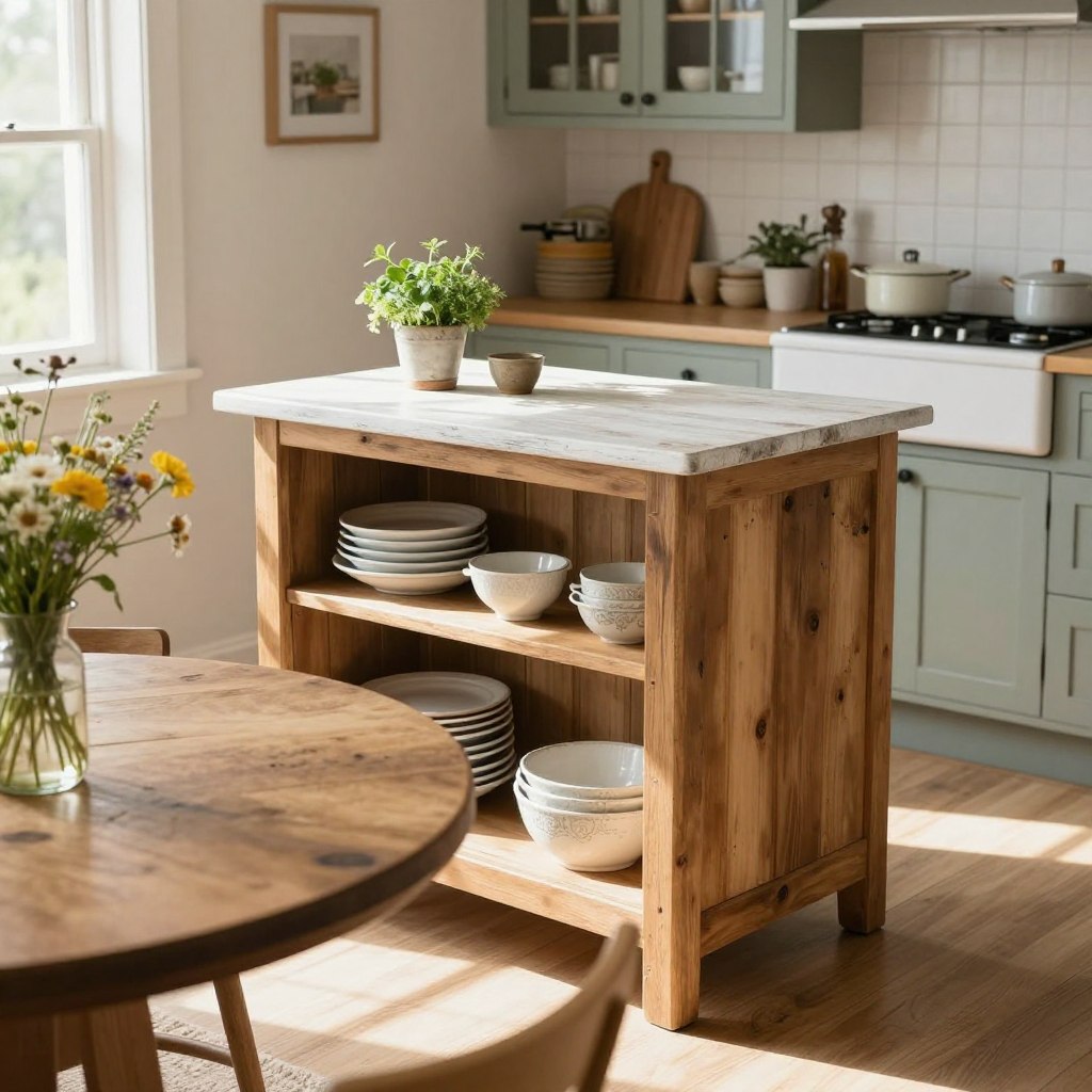 A cozy compact farmhouse kitchen island designed for small spaces, featuring a weathered wood finish with a whitewashed top. In the foreground, a round, rustic wood dining table complements the island, adorned with a bouquet of wildflowers. In the middle, the island boasts open shelving with neatly arranged dishware and a few potted herbs. Light streams in from a nearby window, casting soft shadows and creating a warm, inviting ambiance. The background showcases a charming kitchen with vintage-style cabinets and a farmhouse sink, decorated with farmhouse-style accents. The image captures a bright, airy atmosphere with a casual yet refined feel, ideal for a small but functional kitchen space.
