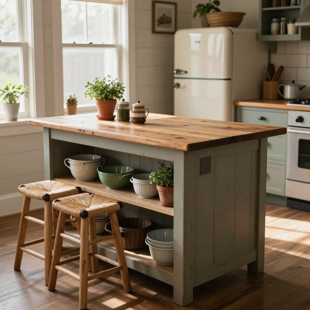 A cozy farmhouse-style kitchen island designed for small spaces, showcasing a rustic wooden tabletop with a distressed finish. The island features open shelving displaying charming vintage kitchenware and potted herbs. In the foreground, a set of comfortable stools with woven seats invites casual dining. In the middle ground, the island is flanked by soft, natural light filtering through a nearby window, casting gentle shadows. The background reveals a compact kitchen with shiplap walls, homey accents like mason jar decor, and a vintage-style refrigerator. The overall mood is warm and inviting, evoking a sense of countryside charm and practicality, perfect for compact living. Use soft, diffused lighting to enhance the cozy atmosphere. Capture the scene from a slightly elevated angle to provide a comprehensive view of the island and surroundings.
