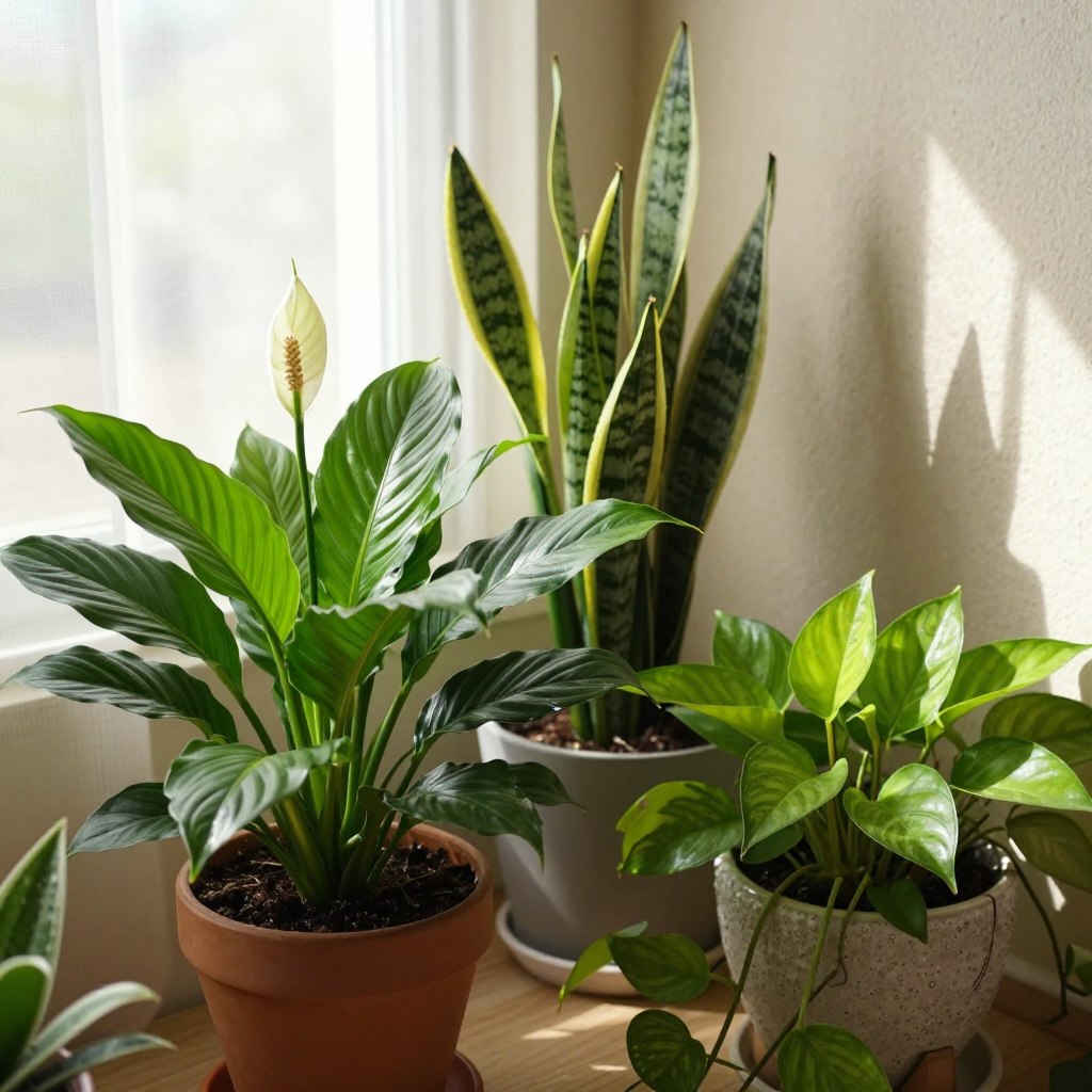 A cozy indoor scene featuring a diverse array of beginner-friendly houseplants. In the foreground, a large, vibrant peace lily with glossy green leaves stands prominently next to a cheerful pothos cascading over a stylish planter. In the middle ground, a small grouping of snake plants and spider plants create a lush, inviting atmosphere. The background shows soft, natural light filtering through a window adorned with sheer curtains, illuminating the plants and creating gentle shadows on the textured wall. A warm, serene vibe permeates the space, enhancing the appeal of indoor gardening. Capture the scene with a slightly elevated angle, emphasizing the plants' rich colors and details. The overall mood is tranquil and welcoming, ideal for anyone looking to start their indoor plant journey.