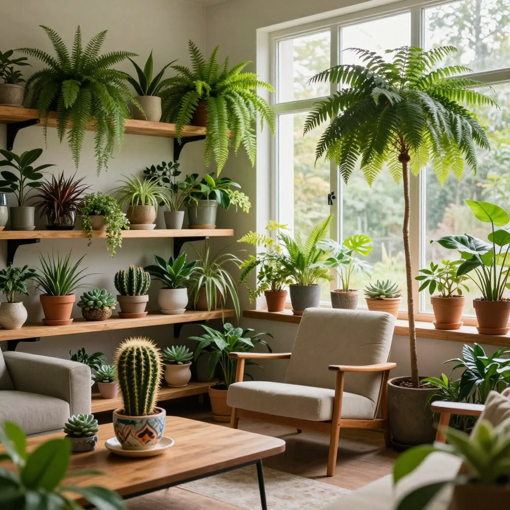 A cozy indoor space filled with a variety of lush green indoor plants, including ferns, succulents, and a tall ficus tree, arranged elegantly on sturdy wooden shelves. In the foreground, a stylish coffee table showcases a vibrant cactus in a decorative pot. In the middle, a comfortable reading chair is placed beside a large window, where soft natural light filters in, creating warm highlights on the plants. The background features a plant-filled corner with hanging pots that add depth and color, enhancing the overall botanical atmosphere. The mood is serene and inviting, perfect for a tranquil home environment. Use a wide-angle lens to emphasize the arrangement, capturing the harmonious blend of nature and interior design without any text or branding elements.