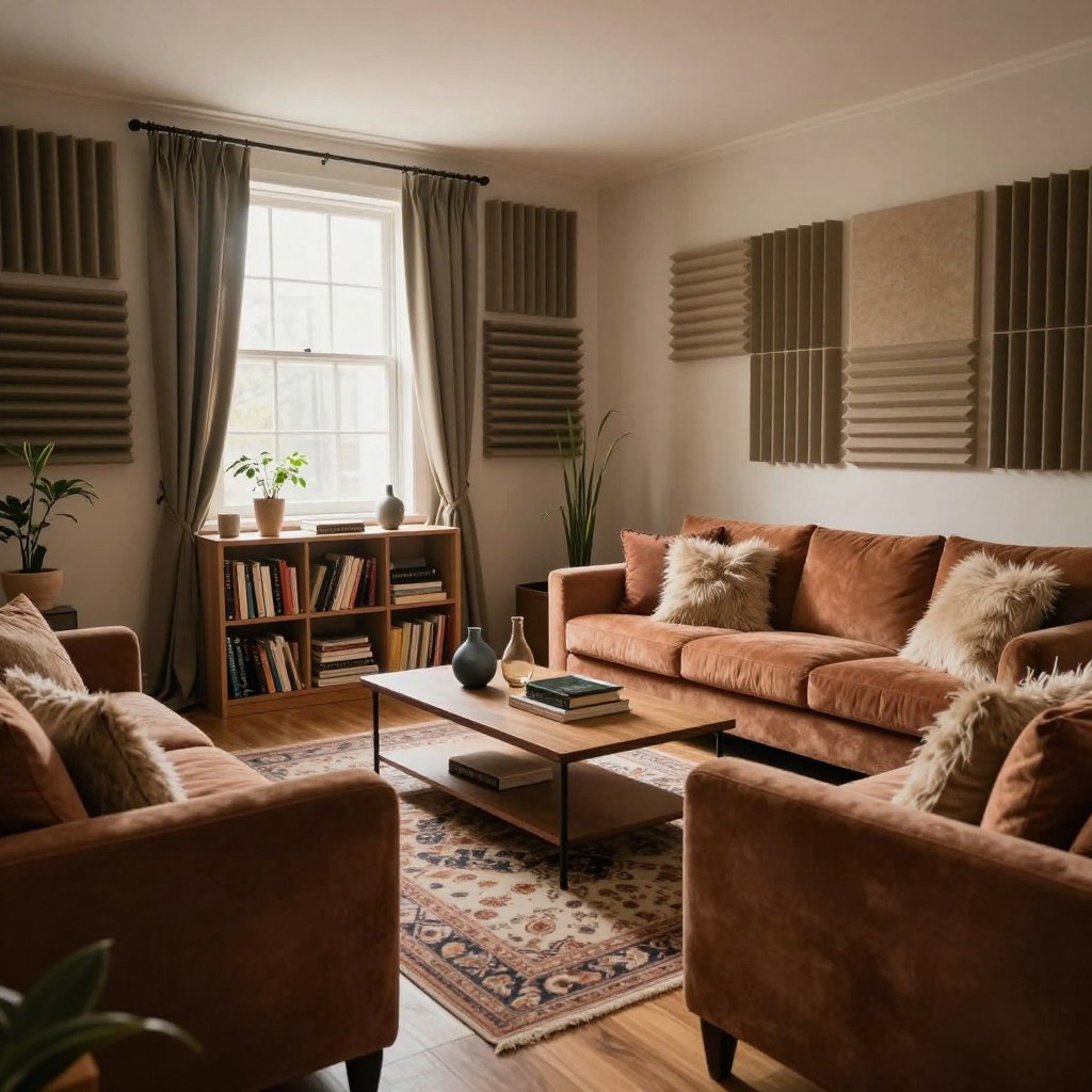 A cozy living room designed for soundproofing, featuring an array of strategic furniture arrangements and soft furnishings. The foreground showcases a plush sofa upholstered in a rich, textured fabric, adorned with fluffy throw pillows. A patterned area rug lies beneath, enhancing the acoustic absorption. In the middle, a coffee table displays a few stylish decorative items, surrounded by well-placed bookshelves filled with various books, further adding to the sound-dampening effect. The background reveals window treatments of heavy, layered drapes and acoustic panels mounted on walls, creating a serene atmosphere. Soft, natural light filters in through the windows, casting gentle shadows and warm tones throughout the room, evoking a tranquil and inviting mood. The overall composition emphasizes comfort and functionality in soundproof living spaces.