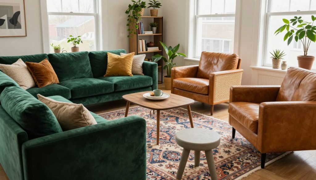 A cozy living room featuring a mix of eclectic seating styles, showcasing various materials for rich textural contrast. In the foreground, a plush velvet sofa in deep emerald green invites relaxation, paired with a modern leather armchair in a warm caramel hue. A woven rattan chair adds natural texture, while a sleek minimalist stool offers a contemporary touch. In the middle, a beautifully patterned area rug unifies the space, while decorative throw pillows introduce color and softness. The background features a stylish bookshelf filled with plants and decorative items, alongside large windows that allow soft natural light to fill the room. The atmosphere is inviting and vibrant, promoting creative comfort and stylish diversity. Use a wide-angle lens to capture the full ensemble, with soft diffused lighting creating a warm and welcoming ambiance.