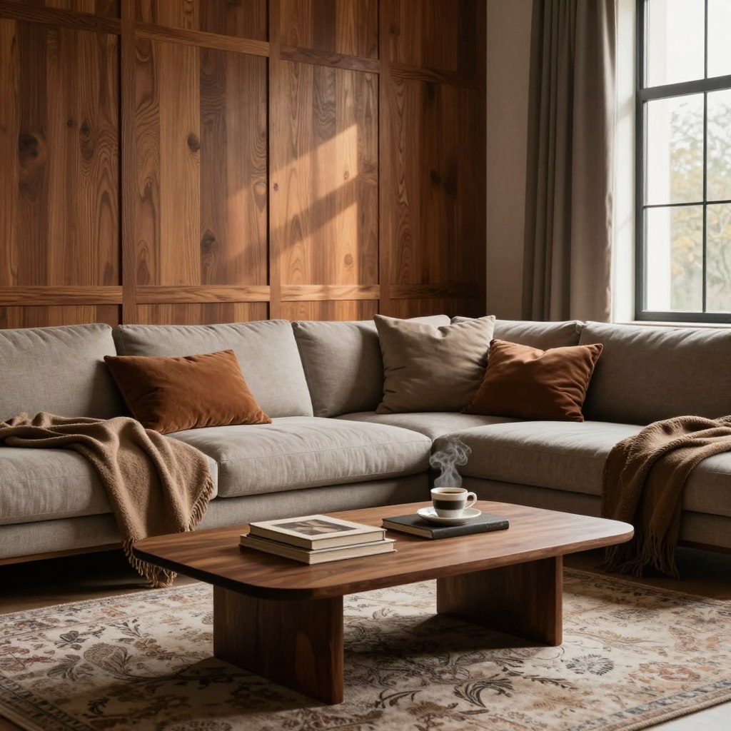 A cozy living room featuring stunning wood wall paneling, showcasing a warm palette of rich browns and soft taupes. In the foreground, a plush area rug with intricate textures lies beneath a stylish coffee table adorned with decorative books and a steaming cup of coffee. The middle layer reveals an inviting sectional sofa, draped with soft throws, while decorative pillows in complementary earth tones add a touch of comfort. Behind, the striking wood panels create a rich backdrop, illuminated by soft, diffused natural light filtering through large windows, casting gentle shadows. The atmosphere is calm and welcoming, evoking a sense of warmth and tranquility, perfect for a statement living space. Use a warm color temperature to enhance the inviting feel. Focus on a slight angle that captures the depth and layers of the room.