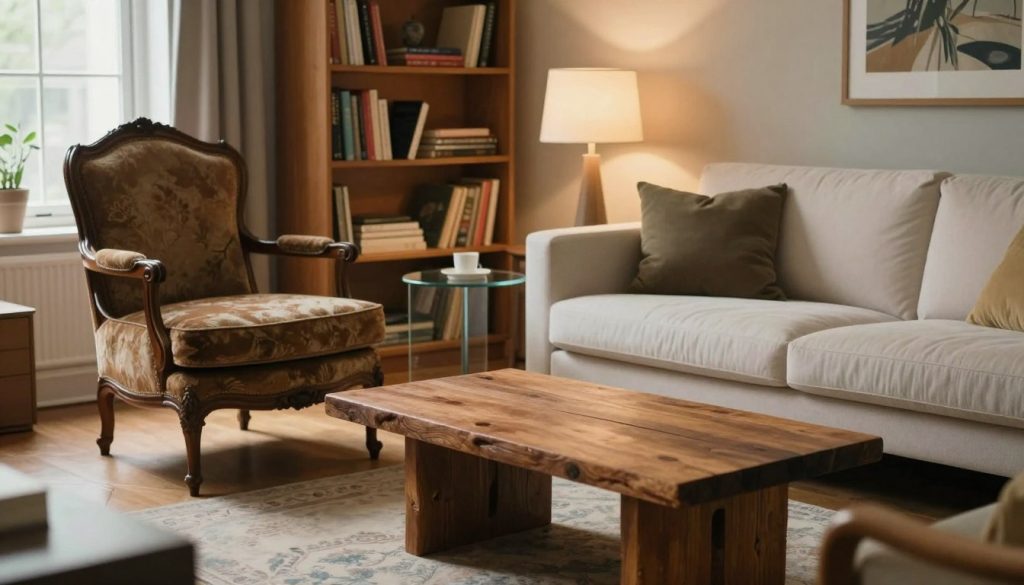 A cozy living room scene featuring eclectic seating choices that blend vintage and antique pieces with contemporary furniture. In the foreground, a beautifully detailed Victorian armchair with rich upholstery sits next to a sleek, modern sofa with clean lines. In the middle, an ornate, rustic wooden coffee table contrasts with a minimalist glass side table. The background should display a tastefully decorated bookshelf filled with various collectibles, and a softly glowing lamp adds warm lighting. The atmosphere is inviting and stylish, inviting a sense of creativity and comfort. Use a warm color palette and soft focus, incorporating natural light streaming through a window, creating a relaxed mood.