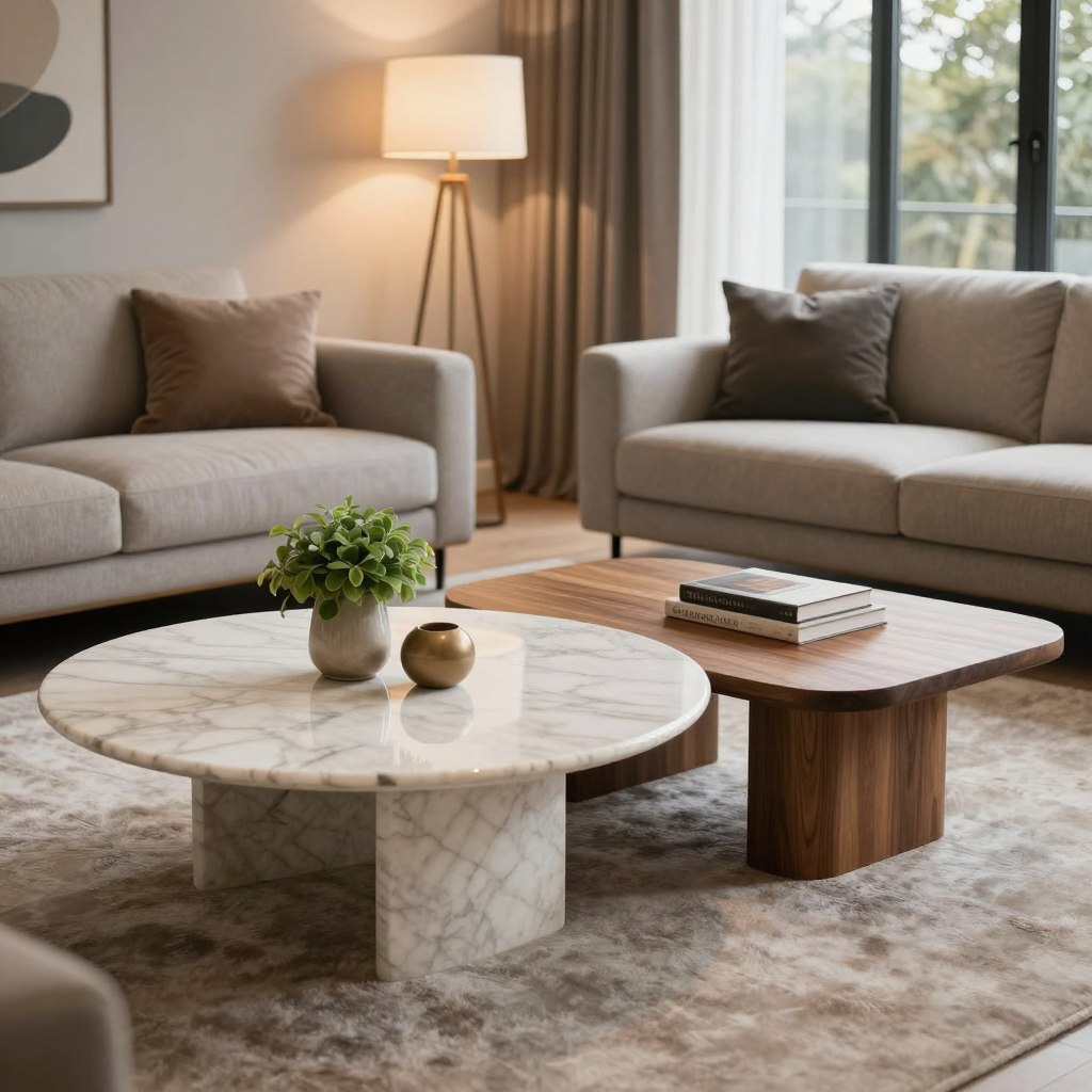A cozy living room scene showcasing a variety of coffee table shapes, prominently featuring a round marble table and a square wooden table, set against a backdrop of modern interior design. The foreground highlights the smooth textures of the tables, adorned with a few decorative items like a small plant and a stack of books. In the middle ground, a plush area rug complements the contrasting shapes, while stylish sofas wrap around the tables, inviting comfort. The background consists of soft, warm lighting emanating from elegant floor lamps and large windows, allowing natural light to filter in, creating a serene atmosphere. The camera angle is focused at eye level, capturing the harmonious balance between round and square shapes, emphasizing how they fit into the overall room layout and size.