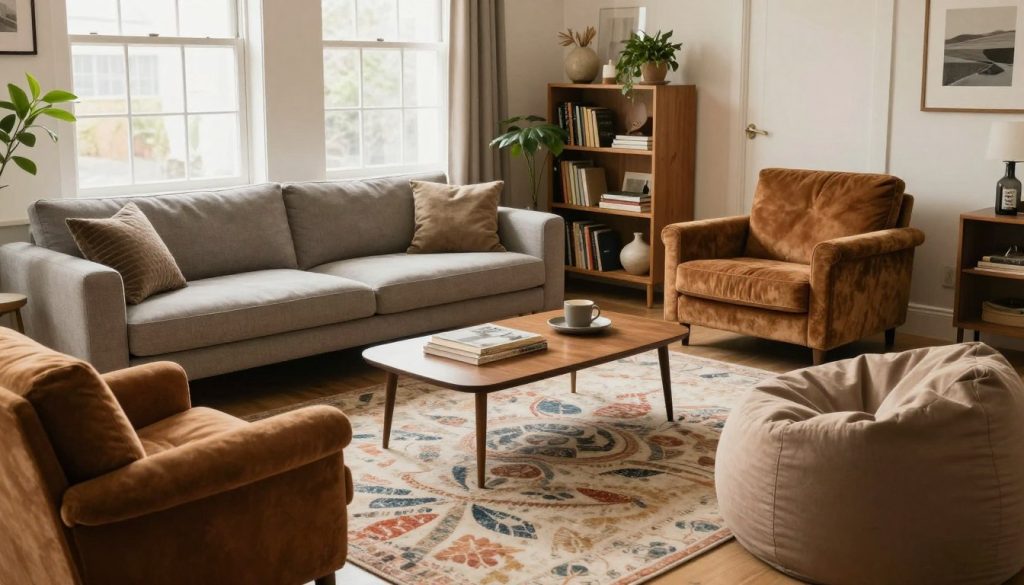 A cozy living room showcasing a harmonious mix of different seating styles, including a modern sectional sofa, vintage armchairs, a sleek mid-century coffee table, and an eclectic bean bag chair. In the foreground, a plush area rug features a blend of colors that complements the furniture. The middle layer reveals a stylish bookshelf adorned with plants and curated decor, enhancing the room's inviting atmosphere. The background portrays large windows allowing soft, natural light to stream in, creating a warm and welcoming environment. The mood is relaxed yet sophisticated, perfect for engaging conversations. Capture the scene from a slightly elevated angle to emphasize the arrangement of seating styles, aiming for a balanced composition without any people present.