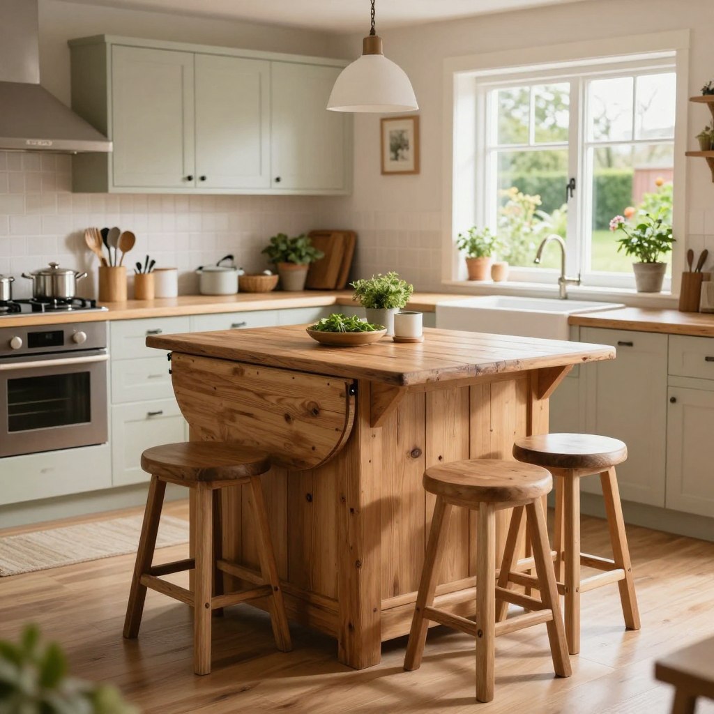 A cozy mini farmhouse island designed for a compact kitchen, featuring a charming drop-leaf design that extends to create more workspace. In the foreground, the island is adorned with rustic wooden finishes, complemented by comfortable bar stools for seating. The middle ground includes a well-lit kitchen filled with light-colored cabinetry and subtle farmhouse decor, such as vintage-inspired utensils and potted herbs, creating a warm atmosphere. In the background, a sunlit window reveals a picturesque view of a garden, adding to the inviting ambiance. Use soft, natural lighting to enhance the homely feel, captured from a slightly elevated angle to showcase the island's functionality and aesthetic. Overall, the scene evokes a sense of warmth, practicality, and stylish efficiency.