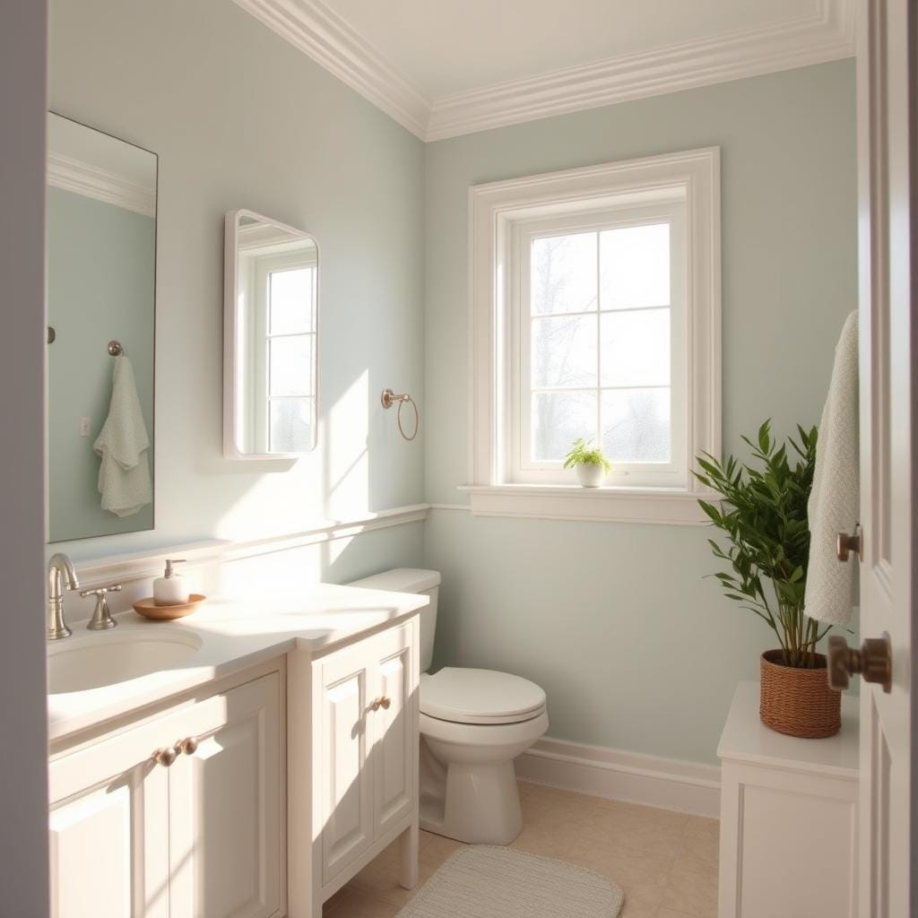 A cozy, modern small bathroom featuring a well-lit ambiance that emphasizes the spaciousness created by light colors. The foreground reveals a soft, textured vanity with fresh white paint and elegant fixtures. The middle showcases walls painted in pale pastels like soft sky blue and gentle mint green, with accents of bright white trim that enhance the feeling of openness. A large mirror reflects the light, subtly illuminating the space. In the background, natural light streams in through a frosted window, casting gentle shadows and highlighting the soothing colors. The atmosphere is serene and inviting, making the best use of a small area to evoke a sense of tranquility and expansiveness. The image captures the essence of clever design in compact spaces, showcasing paint colors that create an illusion of a larger bathroom.
