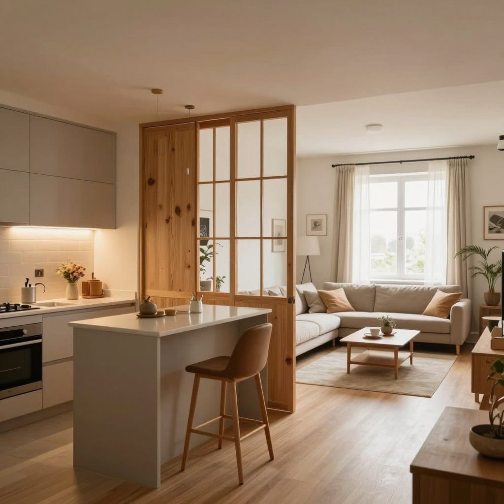 A cozy open-plan kitchen and living room seamlessly integrated into a small space, featuring a stylish flexible room divider made of light wood with sliding panels. In the foreground, the kitchen area showcases modern appliances and a sleek island with bar stools. The middle section highlights the room divider partially open, allowing for a visually distinct yet fluid transition from the kitchen to the living room area, which includes a plush sofa and a coffee table. The background reveals a bright window with sheer curtains letting in natural light, illuminating the warm tones of the furniture and decor. The atmosphere is inviting and functional, emphasizing the clever use of space in the design. Shot with a wide-angle lens for an expansive view, with soft, diffused lighting to enhance the cozy feel.