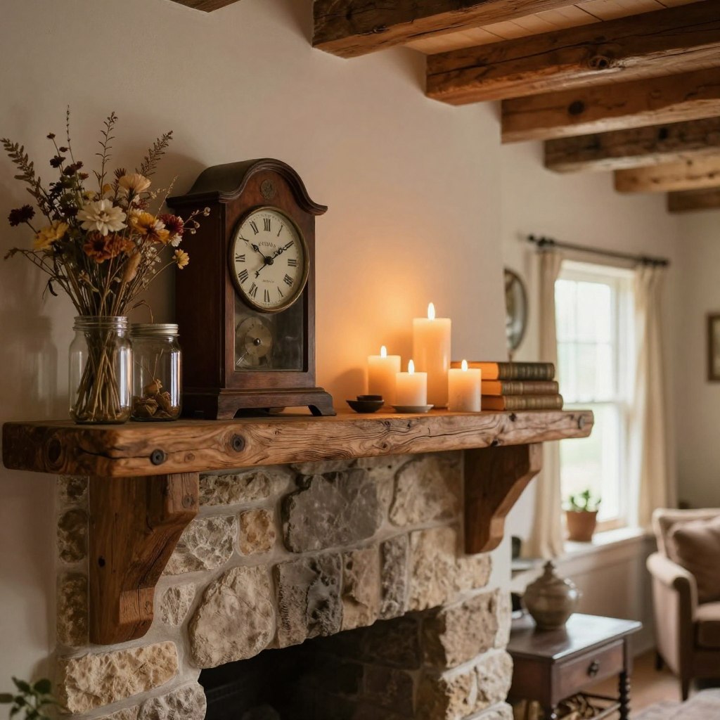 A cozy rustic farmhouse mantle decorated tastefully for a warm living room atmosphere. In the foreground, a weathered wooden mantle holds a collection of vintage items: a large, rustic clock, a pair of mason jars filled with dried flowers, and a few antique books stacked neatly. The middle section features a charming arrangement of assorted candles in varying heights, adding a soft, flickering glow. In the background, a stone fireplace is softly illuminated by warm, natural light filtering through a nearby window, highlighting the wooden beams of the ceiling. The overall mood is inviting and homey, capturing the essence of farmhouse style with an emphasis on earthy tones and textures.
