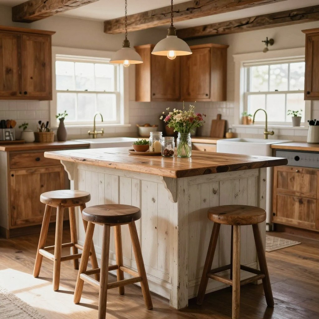 A cozy rustic kitchen featuring a repurposed vintage furniture island as the centerpiece. The island is constructed from reclaimed wood, showcasing its textured grain and knots, with a distressed white-painted finish. Surrounding the island, charming bar stools made from mismatched vintage materials add character. The foreground captures a warm, inviting atmosphere with soft natural light streaming in through a nearby window. In the middle ground, a well-organized countertop displays farmhouse-style kitchenware like mason jars and a small bouquet of wildflowers. The background includes rustic wooden cabinets, exposed beams, and hanging pendant lights with a warm glow, enhancing the homey feel. The overall mood is serene and welcoming, perfect for compact, functional kitchen spaces.
