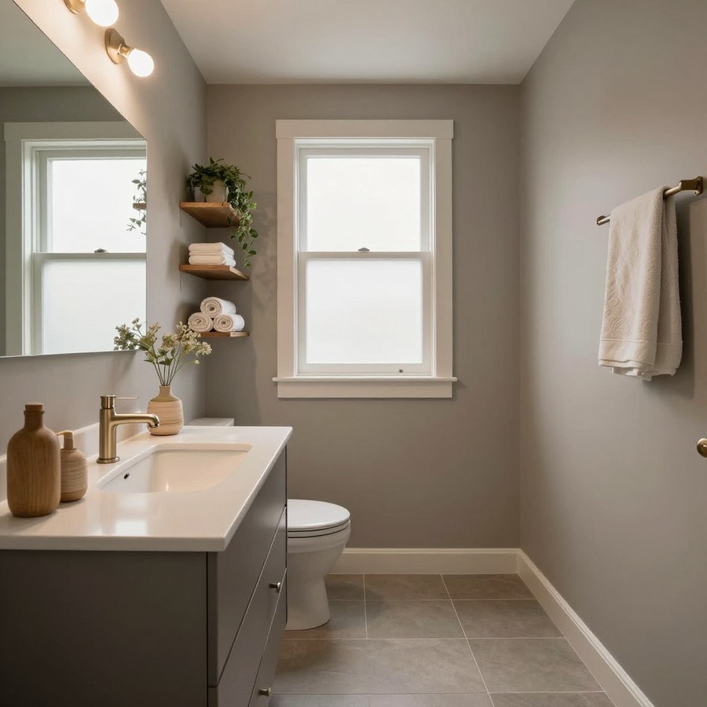 A cozy small bathroom featuring a harmonious blend of warm gray and greige color schemes. In the foreground, a sleek vanity with a sophisticated brushed nickel faucet and soft white sink, surrounded by stylish accessories in natural textures. The middle space showcases beautifully painted walls in soft greige, complemented by warm gray tiles on the floor, creating a sense of spaciousness. A large mirror reflects gently diffused natural light coming from a frosted window, illuminating the serene atmosphere. The background reveals tasteful shelving with plants and rolled towels, enhancing the calm and inviting mood. The scene captures a modern, minimalist design aesthetic at eye level, shot with a wide-angle lens to emphasize the room's openness. A cozy small bathroom featuring a harmonious blend of warm gray and greige color schemes. In the foreground, a sleek vanity with a sophisticated brushed nickel faucet and soft white sink, surrounded by stylish accessories in natural textures. The middle space showcases beautifully painted walls in soft greige, complemented by warm gray tiles on the floor, creating a sense of spaciousness. A large mirror reflects gently diffused natural light coming from a frosted window, illuminating the serene atmosphere. The background reveals tasteful shelving with plants and rolled towels, enhancing the calm and inviting mood. The scene captures a modern, minimalist design aesthetic at eye level, shot with a wide-angle lens to emphasize the room's openness.