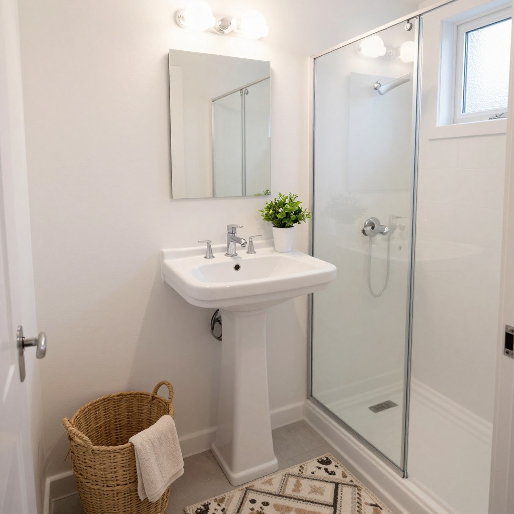 A cozy small bathroom featuring pure white walls that exude a timeless elegance. The foreground showcases textured accessories like a woven towel basket and a patterned bath mat, adding warmth and depth. In the middle, a sleek pedestal sink with a modern faucet reflects soft overhead lighting, creating gentle shadows that enhance the room's dimensionality. A compact mirror with a subtle frame complements the white theme, while a small potted plant adds a touch of greenery. The background reveals a glass shower enclosure, effectively illuminated by natural light filtering through a frosted window. The overall atmosphere is serene and inviting, perfect for a practical yet stylish small space. Capture this scene from a slightly elevated angle to showcase the layout effectively. A cozy small bathroom featuring pure white walls that exude a timeless elegance. The foreground showcases textured accessories like a woven towel basket and a patterned bath mat, adding warmth and depth. In the middle, a sleek pedestal sink with a modern faucet reflects soft overhead lighting, creating gentle shadows that enhance the room's dimensionality. A compact mirror with a subtle frame complements the white theme, while a small potted plant adds a touch of greenery. The background reveals a glass shower enclosure, effectively illuminated by natural light filtering through a frosted window. The overall atmosphere is serene and inviting, perfect for a practical yet stylish small space. Capture this scene from a slightly elevated angle to showcase the layout effectively.