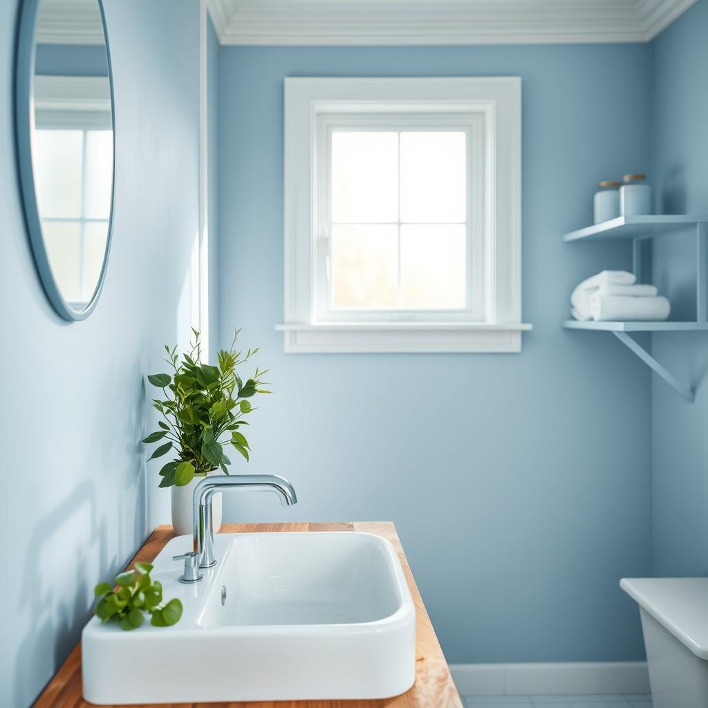 A cozy small bathroom featuring serene blue paint colors that evoke a spa-like atmosphere. In the foreground, a modern white sink with a sleek silver faucet sits atop a reclaimed wood vanity, adorned with fresh green plants for a touch of nature. The middle of the scene showcases calming light blue walls, complemented by soft white trim and natural light filtering through a frosted window, casting a gentle glow. In the background, minimalist shelves hold neatly rolled white towels and a few decorative jars filled with bath essentials. The overall ambiance is tranquil and inviting, with a focus on the harmonious blend of blue tones that create a peaceful retreat. Ideal lighting for the image is soft and diffused, highlighting the calming colors without harsh shadows. A cozy small bathroom featuring serene blue paint colors that evoke a spa-like atmosphere. In the foreground, a modern white sink with a sleek silver faucet sits atop a reclaimed wood vanity, adorned with fresh green plants for a touch of nature. The middle of the scene showcases calming light blue walls, complemented by soft white trim and natural light filtering through a frosted window, casting a gentle glow. In the background, minimalist shelves hold neatly rolled white towels and a few decorative jars filled with bath essentials. The overall ambiance is tranquil and inviting, with a focus on the harmonious blend of blue tones that create a peaceful retreat. Ideal lighting for the image is soft and diffused, highlighting the calming colors without harsh shadows.