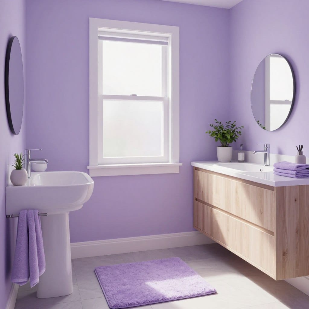 A cozy small bathroom painted in pale, icy lavender, blending soothing pastel shades with a bright, airy feel. The foreground features elegant bathroom fixtures, including a minimalist sink and a stylish mirror reflecting the color. In the middle, soft natural light streams in from a frosted window, enhancing the lavender hue and casting gentle shadows. Delicate decorations, like a plush lavender bath mat and elegant towel sets, add warmth and charm. In the background, light wood cabinetry provides a modern touch, while potted plants bring a hint of greenery. The mood is serene and inviting, ideal for making a small space feel expansive and refreshing, captured at a three-quarter angle for depth.