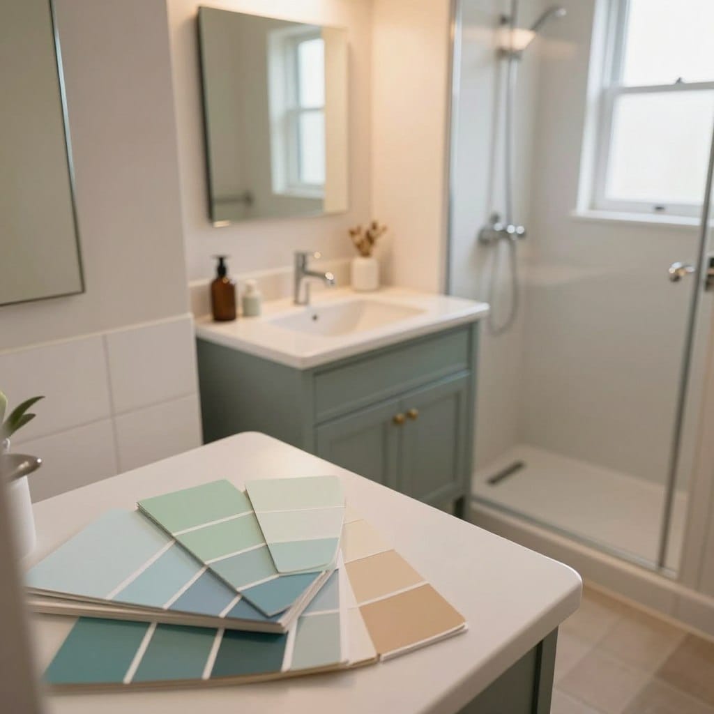 A cozy small bathroom showcasing a variety of stylish color palettes. In the foreground, present a well-organized color swatch display, featuring soft pastel blues, muted greens, and warm neutral tones arranged aesthetically. In the middle, depict a small vanity with a modern mirror and delicate fixtures, painted in one of the swatches, reflecting a light, airy atmosphere. The background should feature a sleek shower area with soft natural light filtering through a frosted window, enhancing the sense of space. Use warm, ambient lighting to create a welcoming environment. Capture the scene with a slightly elevated angle to emphasize the layout, showcasing how these colors can transform and expand the visual feel of a small bathroom.