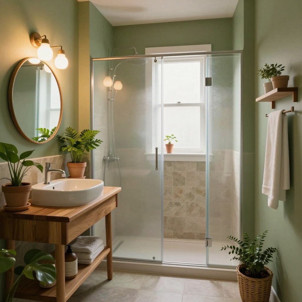 A cozy small bathroom with earthy green walls, creating a grounding and peaceful atmosphere. The foreground features natural wood accents, such as a floating vanity and shelves, adorned with potted plants. A round mirror reflects warm, inviting lighting, enhancing the serene vibe. The middle of the scene has a beautifully arranged shower with frosted glass doors, complemented by subtle stone tiles. In the background, a window lets in soft, natural light, casting gentle shadows throughout the room. The overall mood is tranquil and refreshing, inviting relaxation. Capture this scene from a slightly elevated angle to provide a comprehensive view of the layout and color scheme, emphasizing the harmonious blend of greens and natural wood elements. A cozy small bathroom with earthy green walls, creating a grounding and peaceful atmosphere. The foreground features natural wood accents, such as a floating vanity and shelves, adorned with potted plants. A round mirror reflects warm, inviting lighting, enhancing the serene vibe. The middle of the scene has a beautifully arranged shower with frosted glass doors, complemented by subtle stone tiles. In the background, a window lets in soft, natural light, casting gentle shadows throughout the room. The overall mood is tranquil and refreshing, inviting relaxation. Capture this scene from a slightly elevated angle to provide a comprehensive view of the layout and color scheme, emphasizing the harmonious blend of greens and natural wood elements.