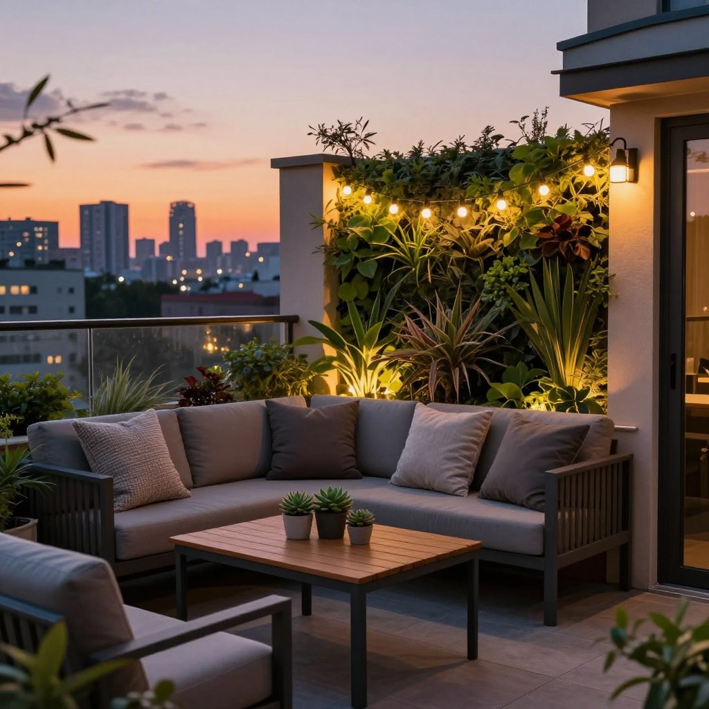 A cozy small terrace designed for maximizing space, featuring a compact seating area with modern outdoor furniture in muted tones. In the foreground, a stylish wooden table adorned with potted succulents and soft textiles creates an inviting atmosphere. The middle ground showcases a vertical garden wall bursting with greenery, framed by elegant string lights that cast a warm glow in the early evening. In the background, a picturesque city skyline silhouette under a vibrant sunset, creating a serene yet urban ambiance. The scene is captured from an atmospheric angle to highlight vivid textures, with soft dusk lighting that evokes a tranquil and sophisticated mood, perfect for relaxation and social gatherings.
