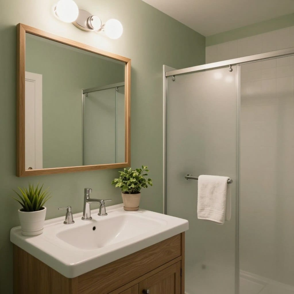 A cozy, softly lit sage green bathroom showcasing a harmonious color palette. In the foreground, there's a modern white sink with elegant fixtures, complemented by muted sage green walls that evoke tranquility. The middle ground features a stylish mirror framed with natural wood, reflecting gentle overhead lighting that casts a warm glow throughout the space. Subtle touches of greenery, such as potted plants, add freshness while maintaining the serene atmosphere. In the background, a sleek shower with frosted glass doors and soft white towels neatly arranged contribute to the inviting aesthetic. The composition is shot from a slightly lower angle to emphasize the expansive feel of the room, capturing the essence of a small bathroom transformed by this soft, muted sage green.