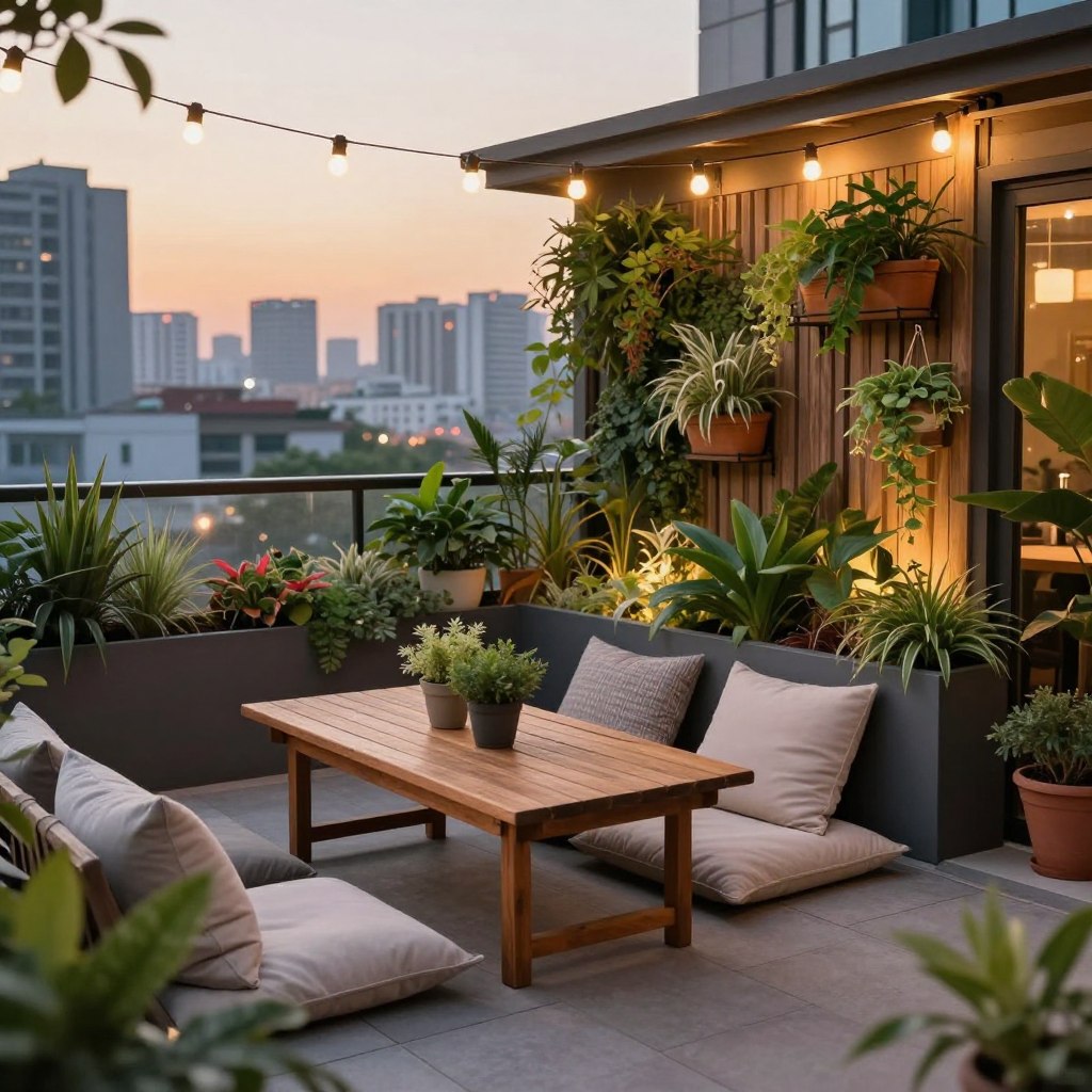 A cozy urban terrace designed for budget-friendly outdoor living, featuring a small wooden table adorned with potted plants and soft cushions for seating in the foreground. In the middle ground, a stylish arrangement of vertical gardens and hanging planters enhances the space's greenery, complemented by string lights overhead, creating a warm and inviting atmosphere. The background reveals a city skyline at dusk with soft golden lighting, casting a gentle glow on the terrace. The perspective is a slightly elevated angle, showcasing the layout and decor elements harmoniously. The mood is relaxed and cheerful, ideal for enjoying a tranquil evening amidst the urban setting, emphasizing a sense of comfort and creativity in small spaces.