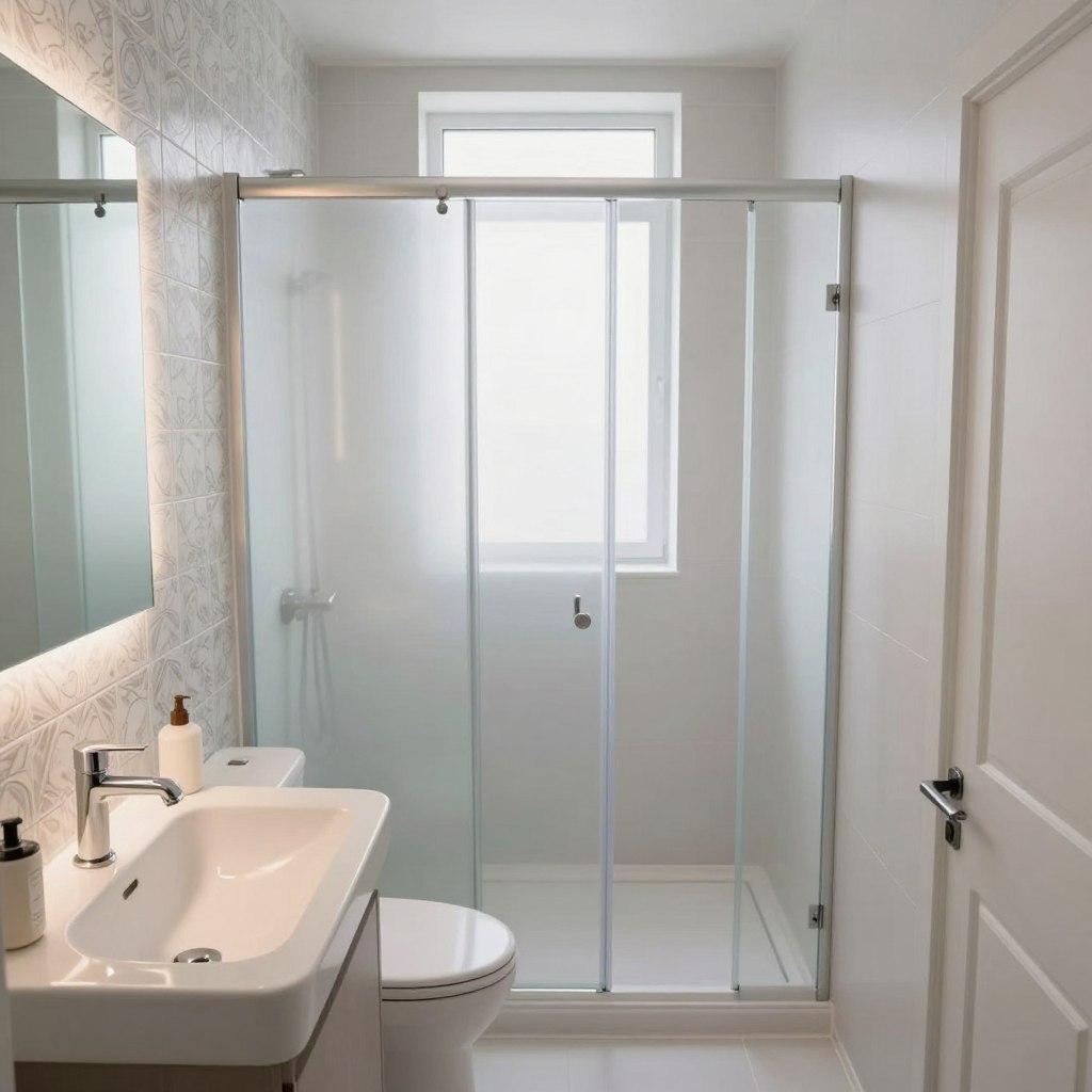 A creatively designed small bathroom layout featuring a monochromatic color scheme, showcasing soft shades of white and light gray. In the foreground, a stylish, compact sink with a sleek faucet is positioned next to a minimalist mirror reflecting subtle ambient lighting. The middle ground reveals a uniquely shaped shower enclosure with frosted glass doors, which blends seamlessly with the color scheme. The background displays elegant wall tiles in an intricate pattern, enhancing the monochromatic theme. Soft, natural light filters in through a window, creating a serene atmosphere. The overall mood is inviting and tranquil, with a sense of spaciousness despite the small area. The angle captures the layout from a slightly elevated perspective, allowing a clear view of the entire room's design elements.
