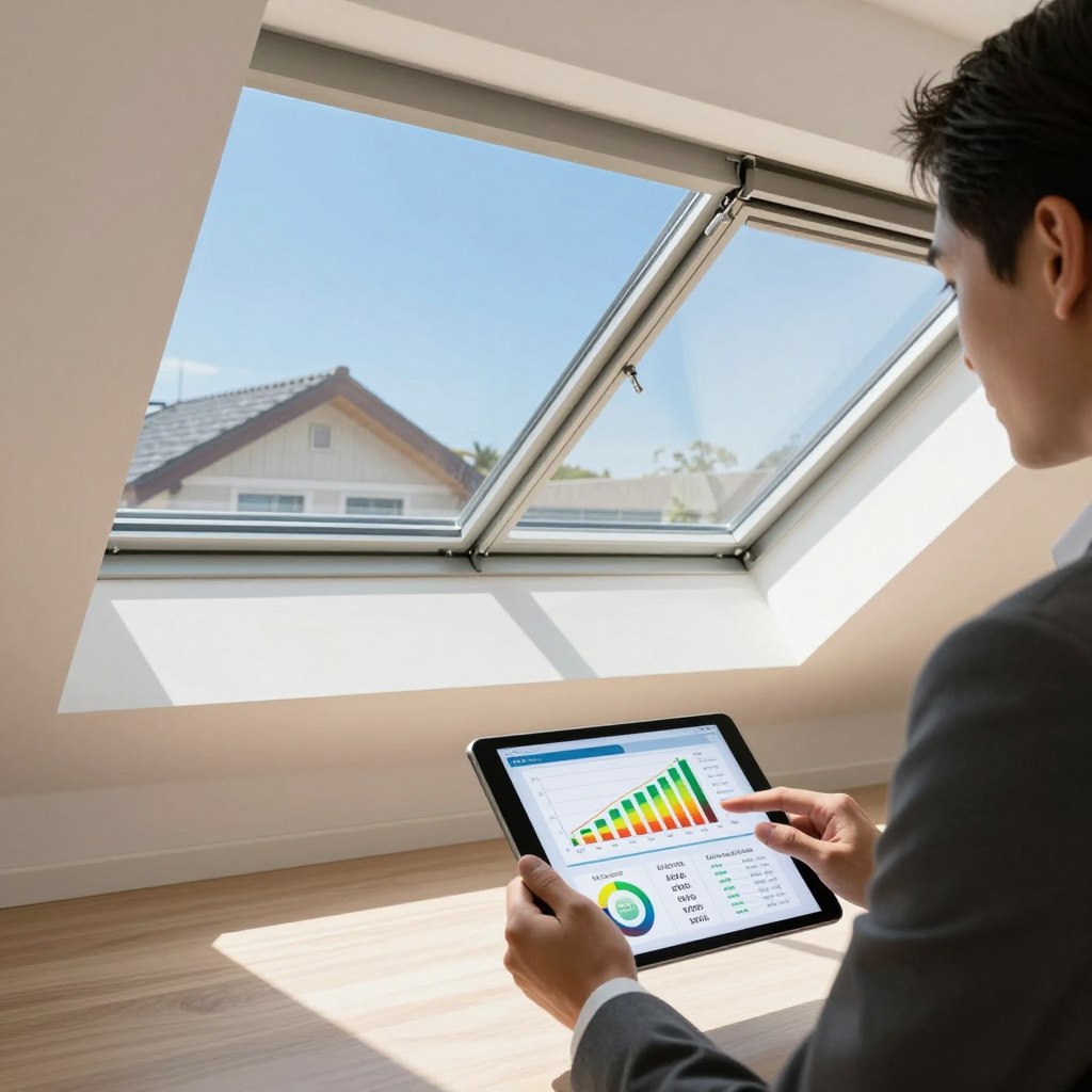 A detailed and engaging illustration showcasing the cost and energy analysis of skylight installations. In the foreground, a professional in business attire analyzes a tablet displaying cost graphs and energy savings charts. The middle section features a bright, sunlit room with skylights—one fixed and one ventilating—beneath a clear blue sky. The fixed skylight is a sleek, modern design, while the ventilating skylight is slightly ajar, allowing a gentle breeze to flow in. The background includes a house with a stylish roofline, accentuated by natural light streaming through the skylights. The atmosphere is informative and upbeat, with soft shadows highlighting the energy efficiency of the designs. Aim for a clear, bright composition, shot with a wide lens to capture the full scene effectively.