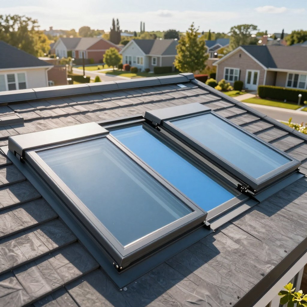 A detailed comparison of a fixed skylight and a ventilating skylight, showcasing both designs side by side on a modern residential roof. In the foreground, feature a sleek, rectangular fixed skylight with a clean glass surface, reflecting sunlight. Adjacent to it, a ventilating skylight, slightly ajar, showcasing a mechanism for opening and providing airflow. The middle section displays a clear blue sky, enhancing the vibrant atmosphere, while soft, diffused lighting illuminates the scene from the top left, suggesting midday. The background consists of a stylish suburban neighborhood with trees and houses, adding context to the setting. Focus on clarity and precision in architectural details for educational purposes.