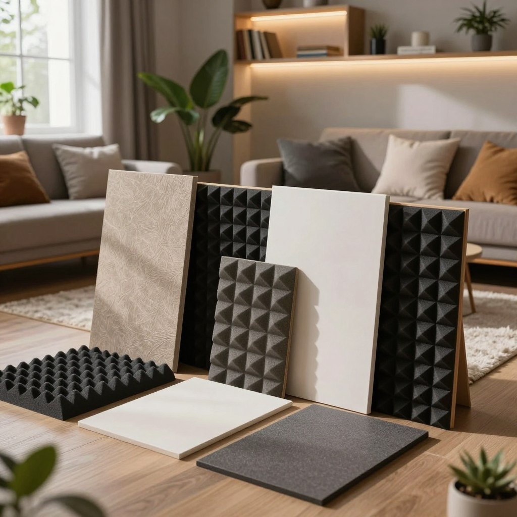 A detailed interior scene focusing on various soundproofing materials suited for an apartment living room. In the foreground, showcase an array of soundproof panels in different textures and colors, such as foam panels, acoustic curtains, and mass-loaded vinyl. The middle ground features a cozy living room setup with cushioned furniture, a plush rug, and strategically placed plants that enhance sound absorption. In the background, softly lit shelves are lined with books and decorative items, creating a warm atmosphere. Use natural lighting filtering through a window, casting gentle shadows to evoke a calming mood. The angle is slightly elevated, providing a comprehensive view of the soundproofing solutions integrated into a stylish living space.