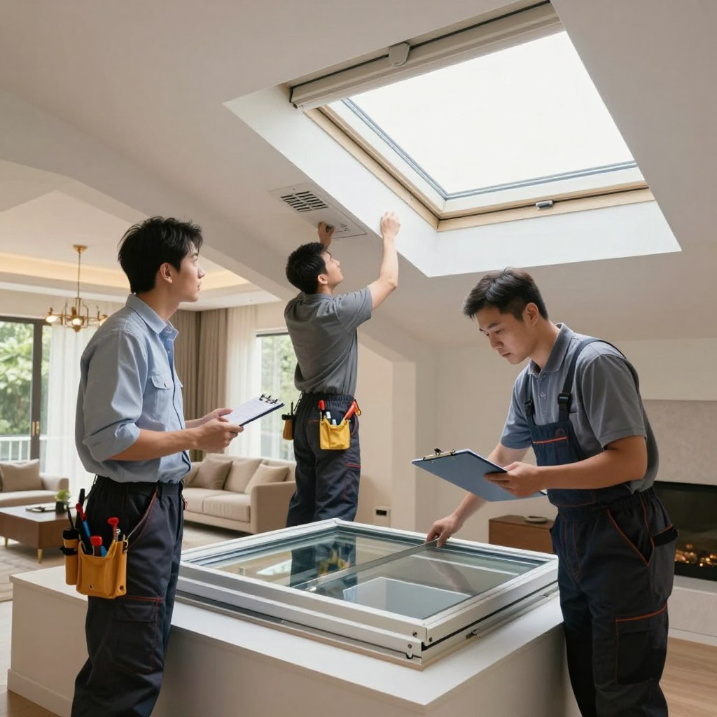 A detailed scene depicting professional skylight maintenance in a modern home setting. In the foreground, a technician in professional business attire is inspecting a fixed skylight, equipped with tools and a clipboard. In the middle ground, a second technician carefully checks a ventilating skylight mechanism. Both professionals are focused and concentrated on their tasks. The background showcases a beautifully designed living room illuminated by natural light filtering through the skylights, highlighting their architectural features. The lighting is bright and soft, creating an inviting atmosphere. The angle is slightly elevated, giving a clear view of both technicians and the skylights, emphasizing the pros and cons of maintenance and installation. The mood is professional and informative, aiming to convey expertise in skylight maintenance.