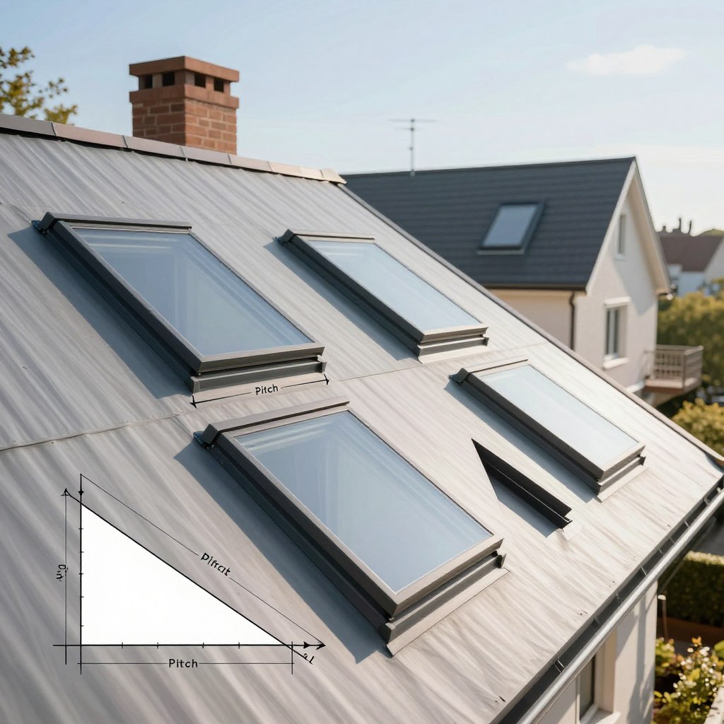 A detailed, technical illustration of a skylight roof pitch diagram, showcasing various skylight types such as fixed and ventilating options. In the foreground, clearly labeled lines and angles demonstrate different roof pitches, with arrows indicating optimal positioning for each skylight type. In the middle, a split-view layout reveals the interior and exterior angles of the roof, emphasizing how the pitch affects light entry and ventilation. In the background, a soft, natural light illuminates a residential house with a sloped roof under a clear blue sky, creating a bright and inviting atmosphere. The lens should capture the image in fine detail, accentuating the craftsmanship of the roof and skylights, while ensuring a professional and educational vibe.