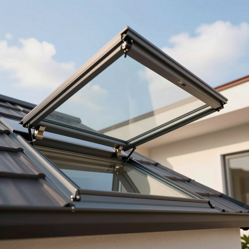 A detailed view of operable ventilating skylights set in a modern, stylish residential roof. In the foreground, focus on a sleek, open skylight showcasing its adjustable mechanism, emphasizing the glass panel and frame design. The middle ground includes a bright, airy room filled with natural light, highlighting the effects of the skylight on interior lighting. The background features a clear blue sky and a few fluffy clouds visible through the skylight, enhancing the sense of openness. Use soft, natural lighting to create a warm, inviting atmosphere. Capture the scene from a slightly angled perspective, resembling a wide-angle lens shot. The overall mood should convey the functional beauty and practicality of ventilating skylights, suitable for enhancing living spaces.